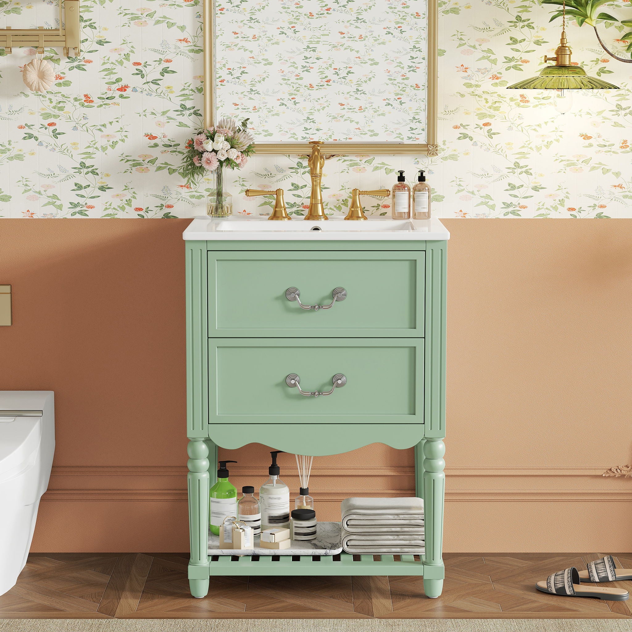 Wave Design Bathroom Vanity With Sink, 2 Drawers And Open Shelf