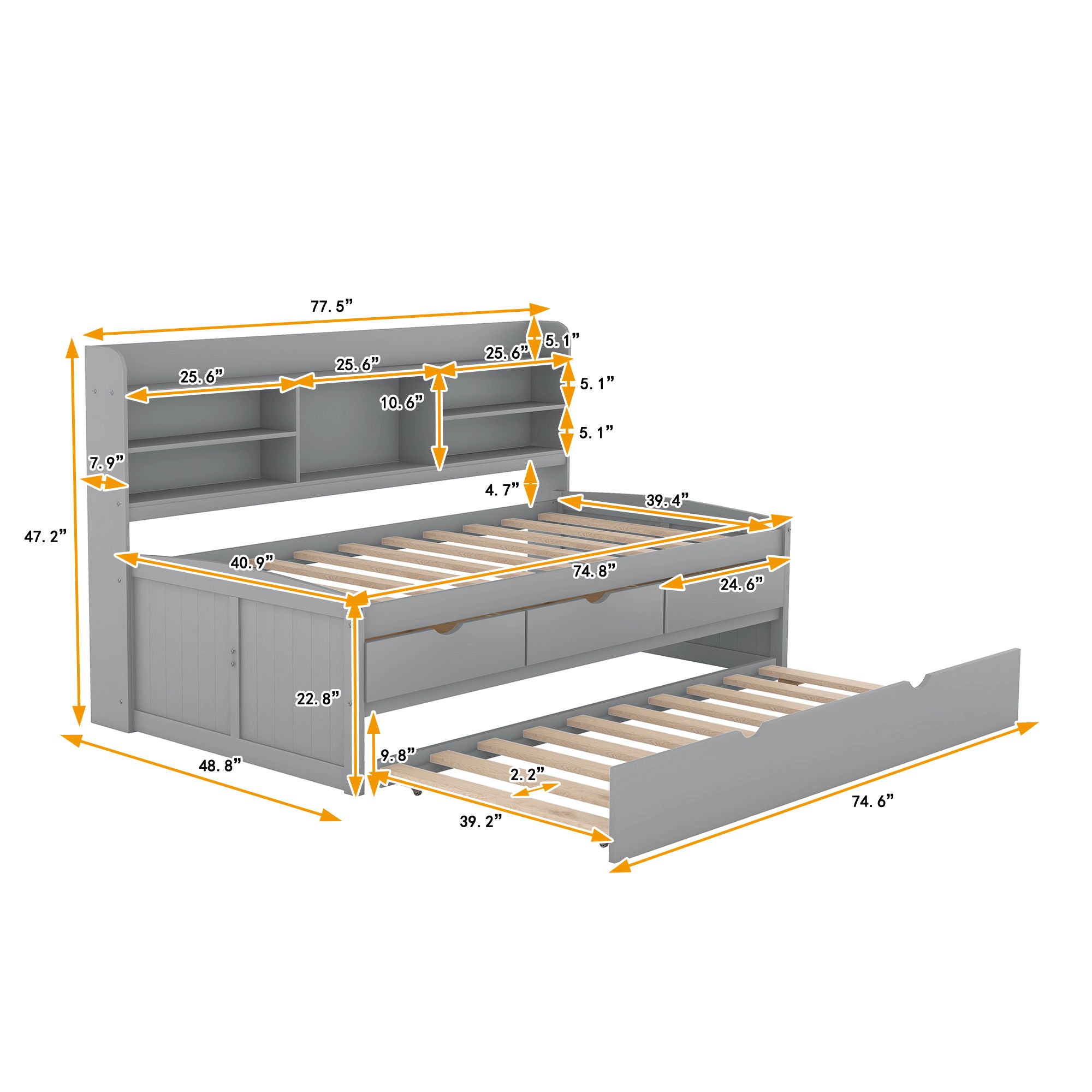 Captain Bed With Built In Bookshelves, 3 Storage Drawers, And Trundle