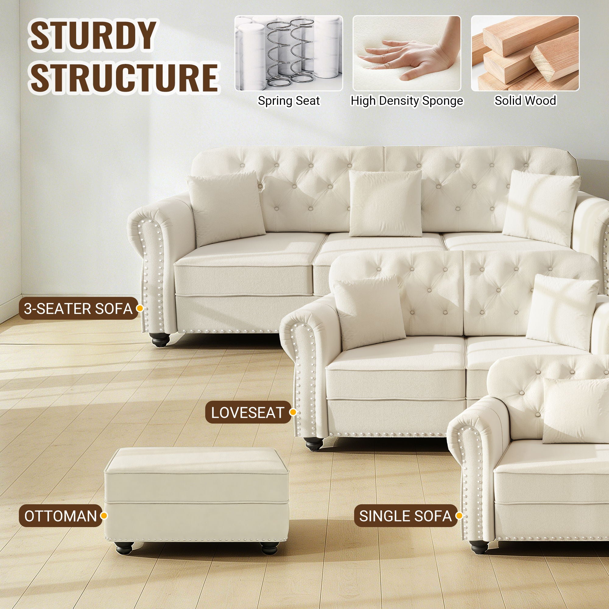 Upholstered 3 Seater Sofa Set With Ottoman