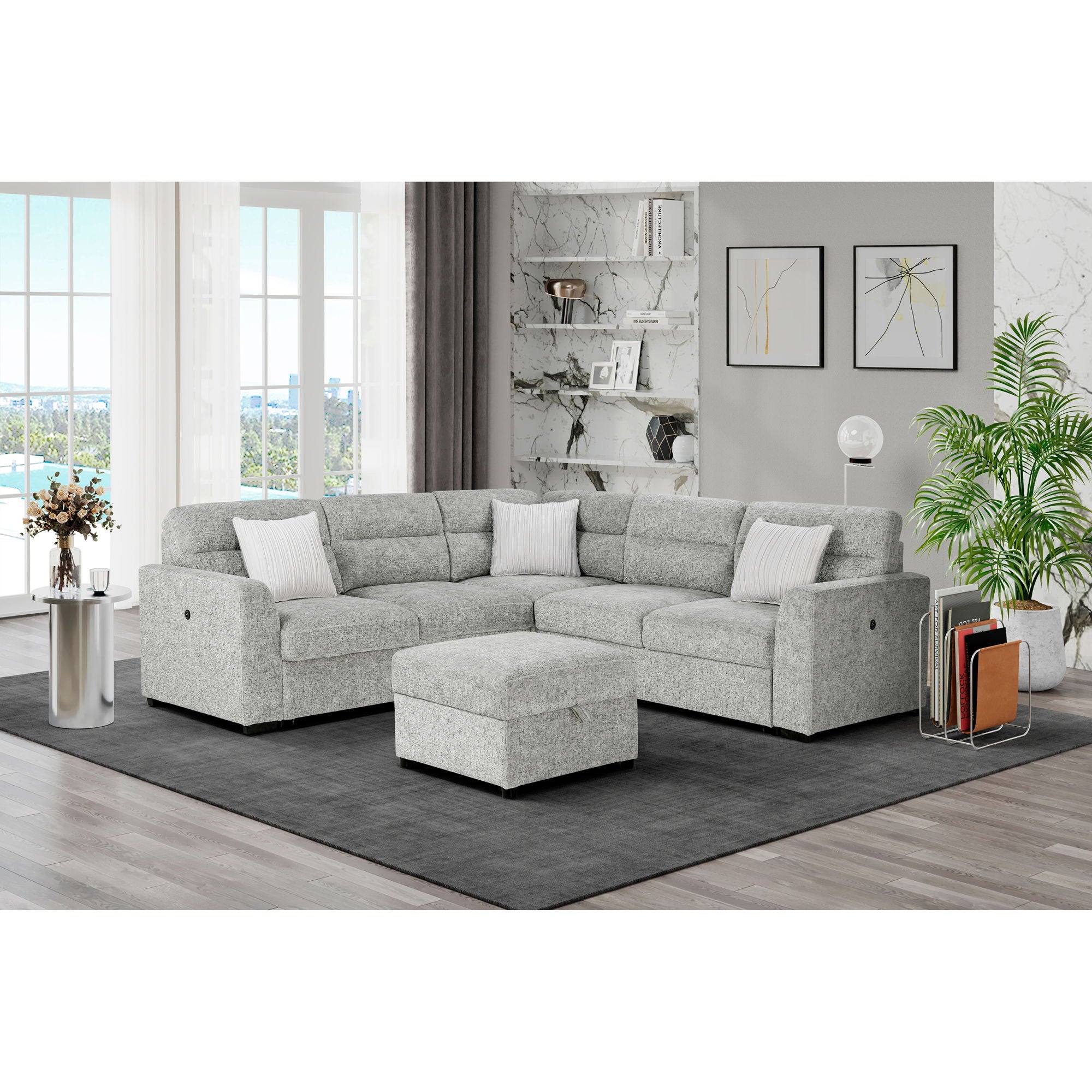 Emiliano - Sectional Sofa With 3 Pillows And Storage Ottoman - Nickel