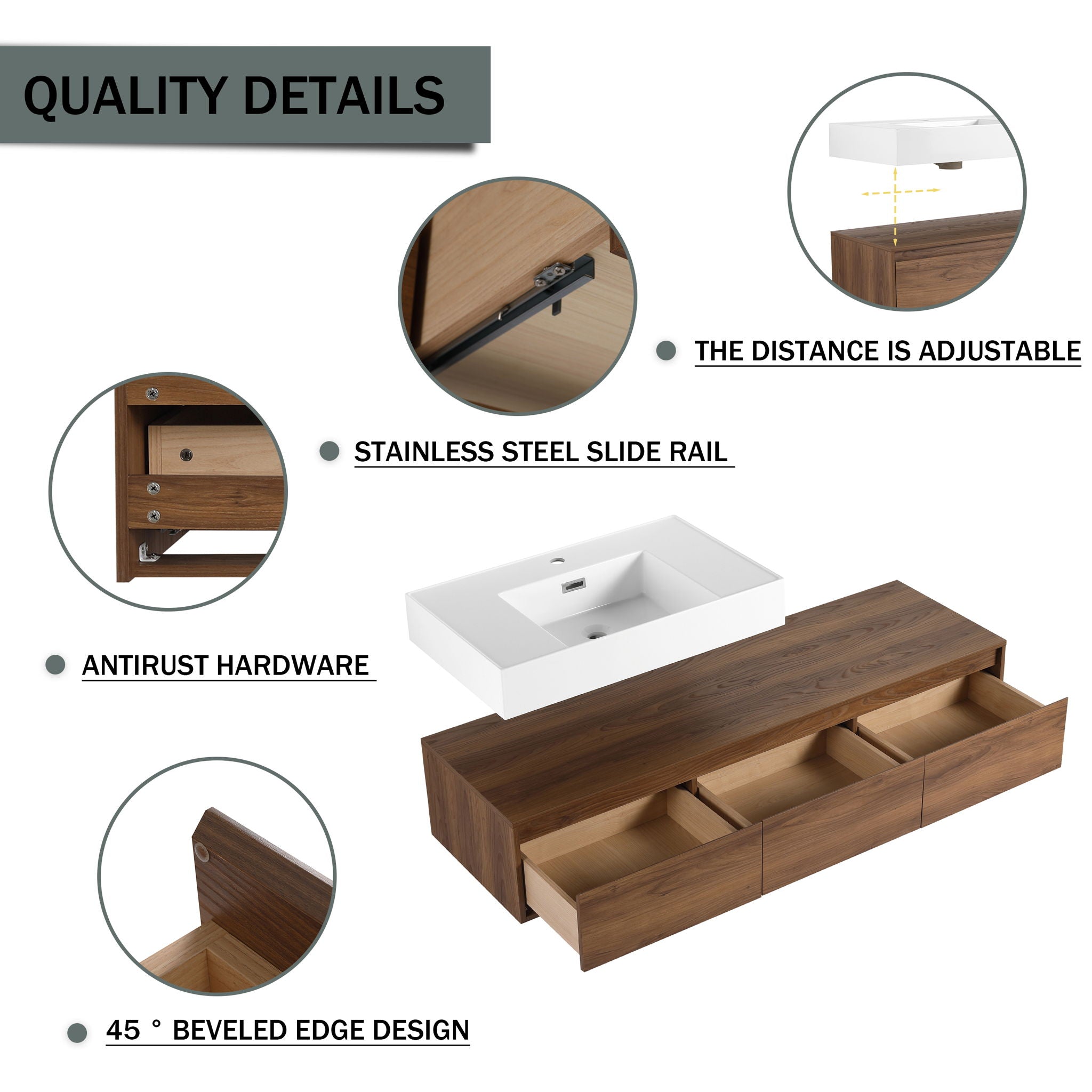 Modern Wall Mounted Bathroom Vanity With Resin Sink And Soft Close Drawer