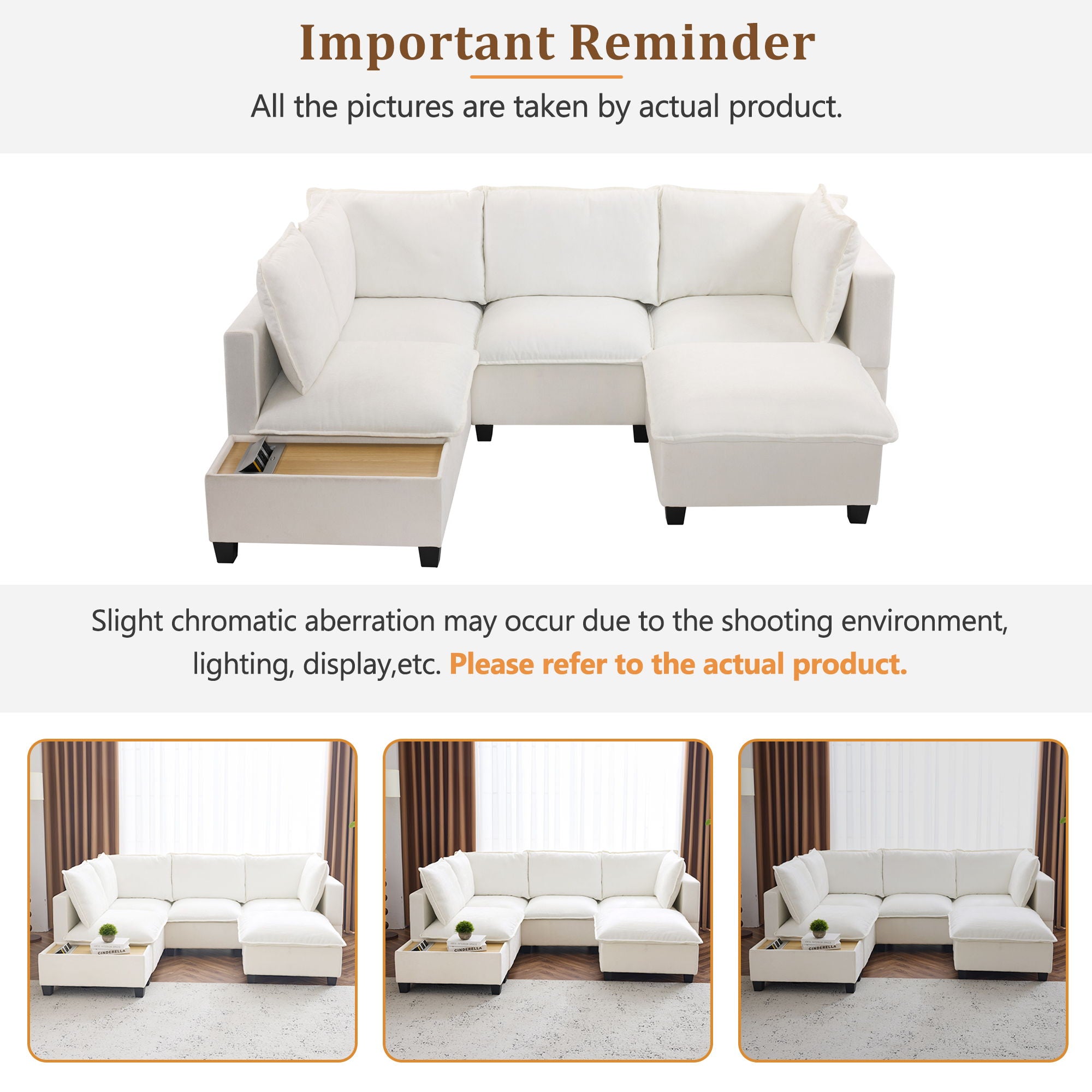 U-Shaped Sectional Modular Sofa With A Movable Ottoman, A Coffee Table With Hidden Charging Devices For Living Room