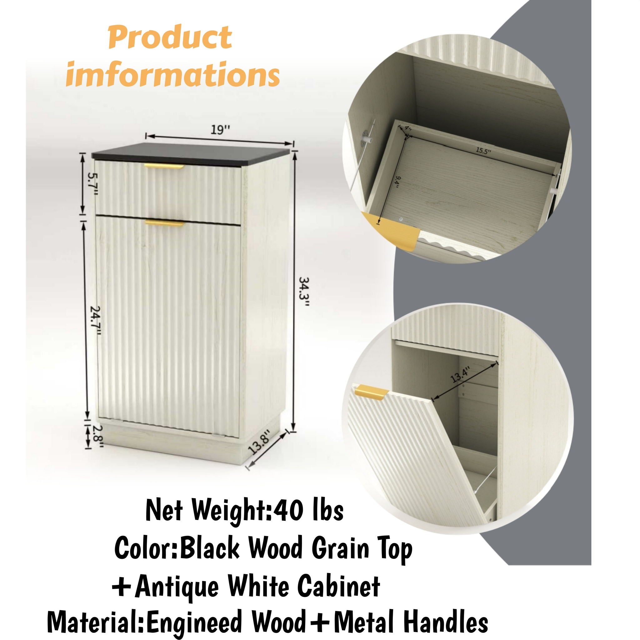 Tilt Out Trash Can Cabinet With Wave Textured Drawer & Pull Out Bin