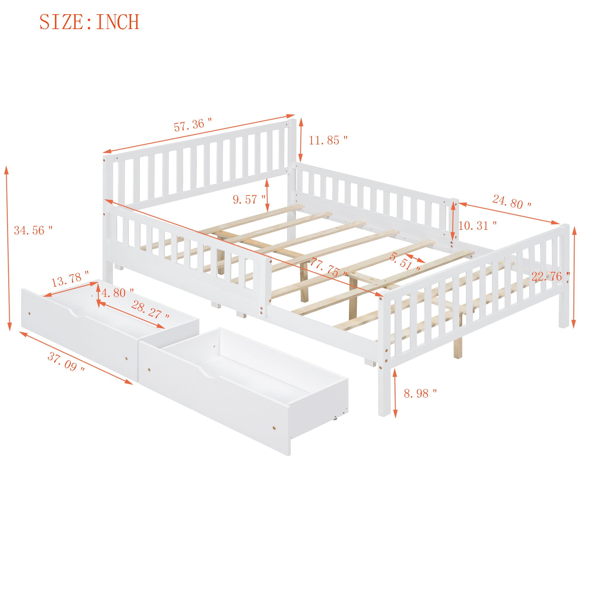 Platform Bed With Guardrails On Both Sides And 2 Storage Drawers