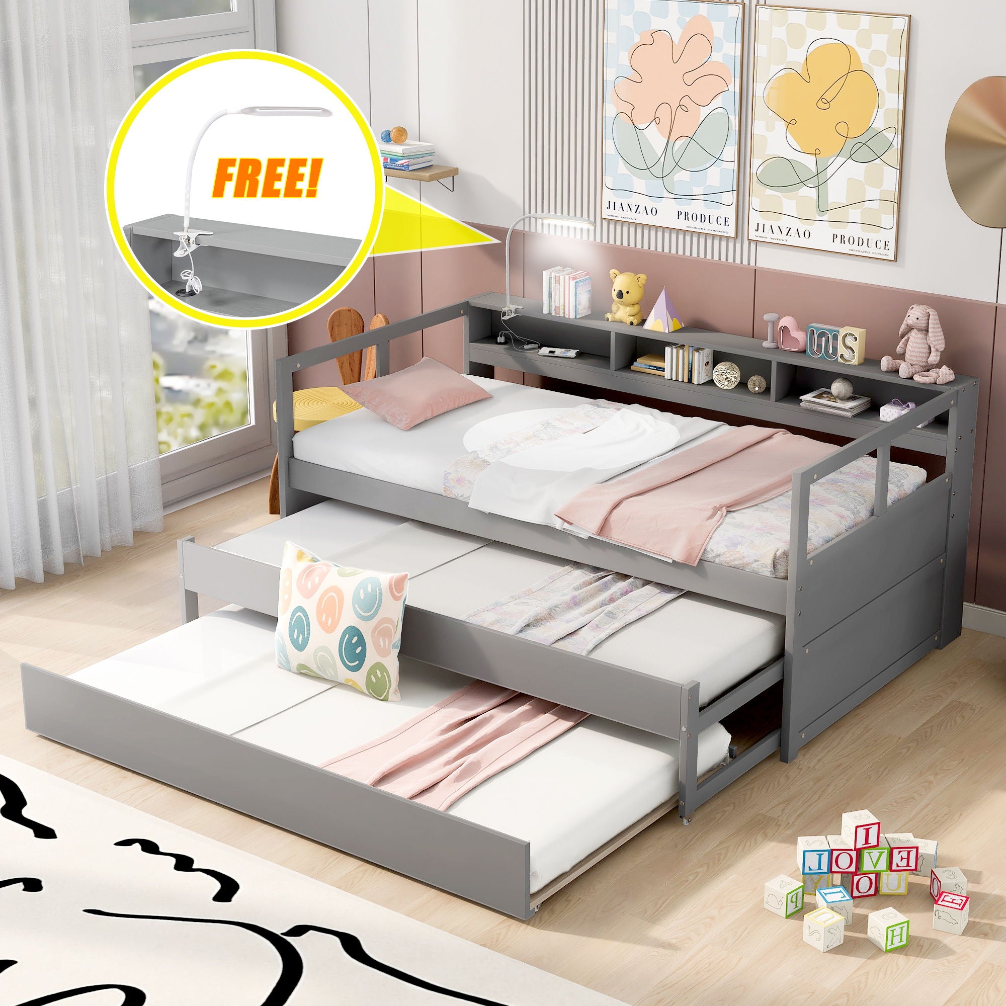 Daybed With 2 Trundles, 3 Storage Cubbies, Built In USB Charging Light
