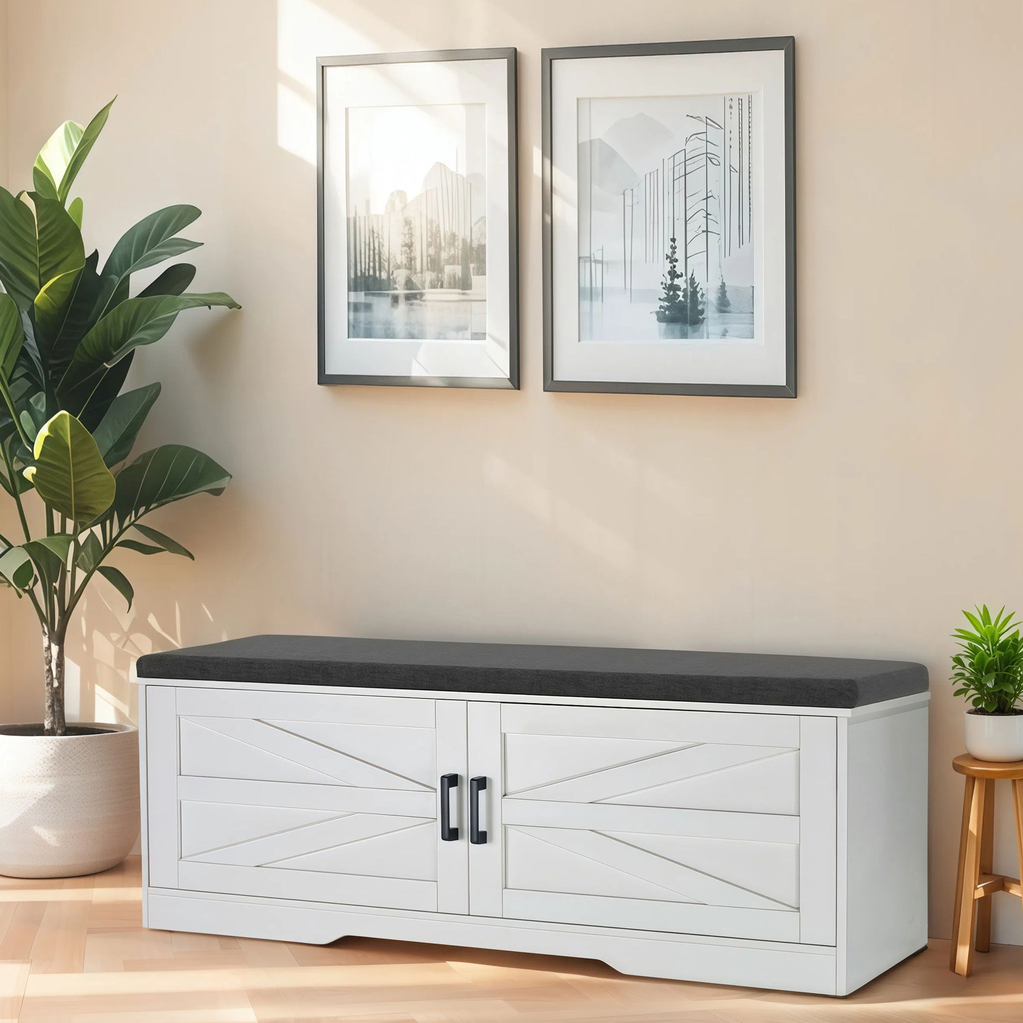 2 Tier Shoe Bench With Padded Seat, 2 Barn Doors And Adjustable Shelves, For Entryway And Living Room - White