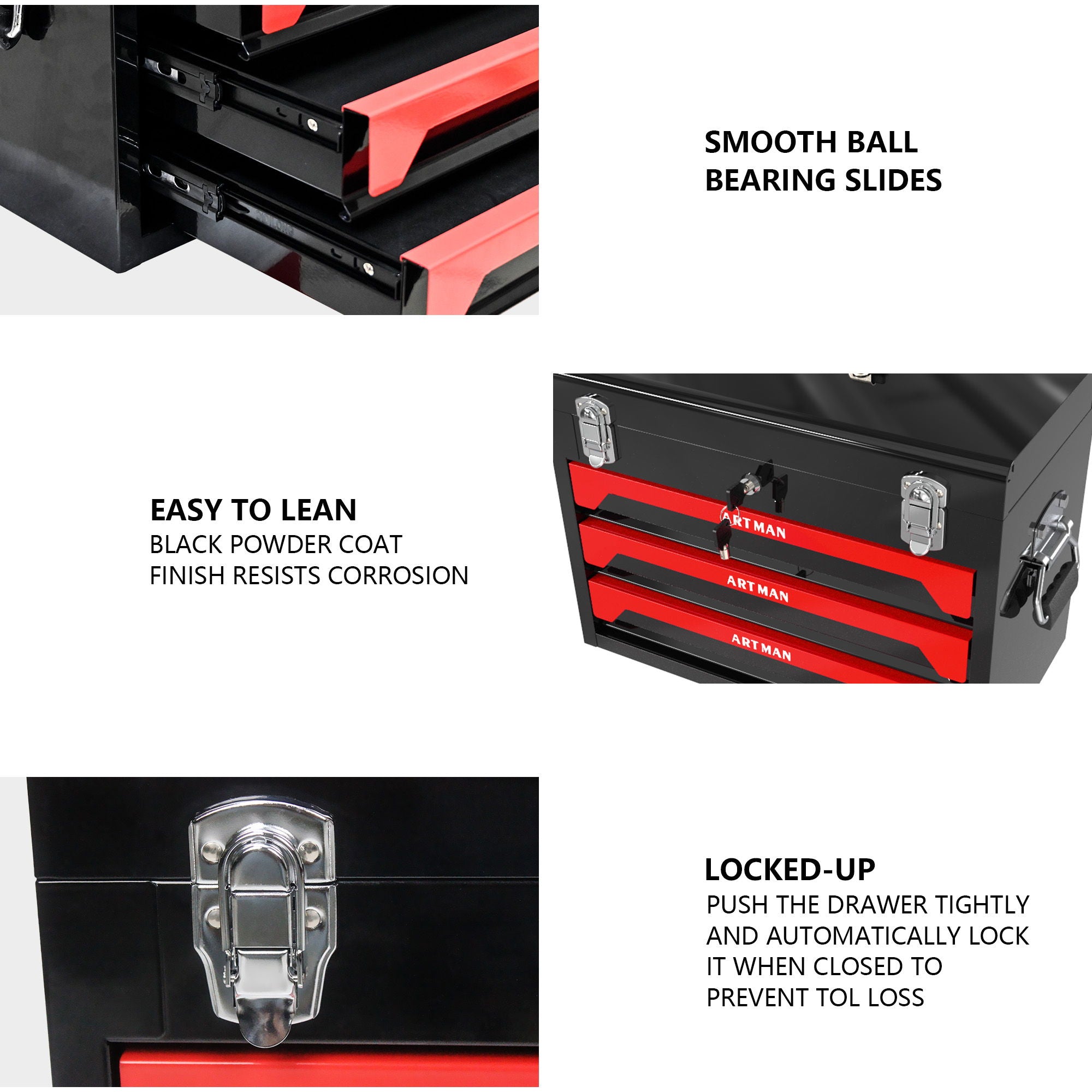 Portable 20" Steel Tool Box With 3 Drawers And Metal Latch Closure - Black / Red