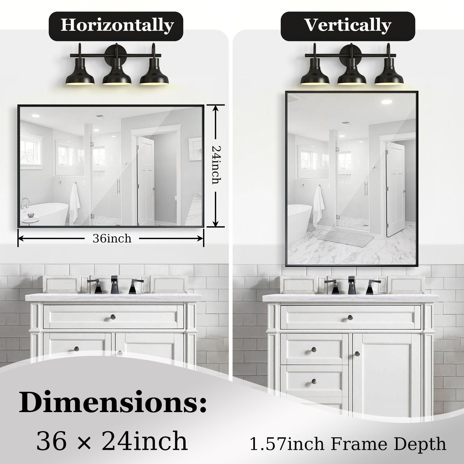 Glossy Framed Mirror For Bathroom Rectangular Wall Bathroom Mirror Metal Frame Farmhouse Mirror Large Decorative Square Corner Rectangle Mirror (Horizontal & Vertical) - Brushed Silver