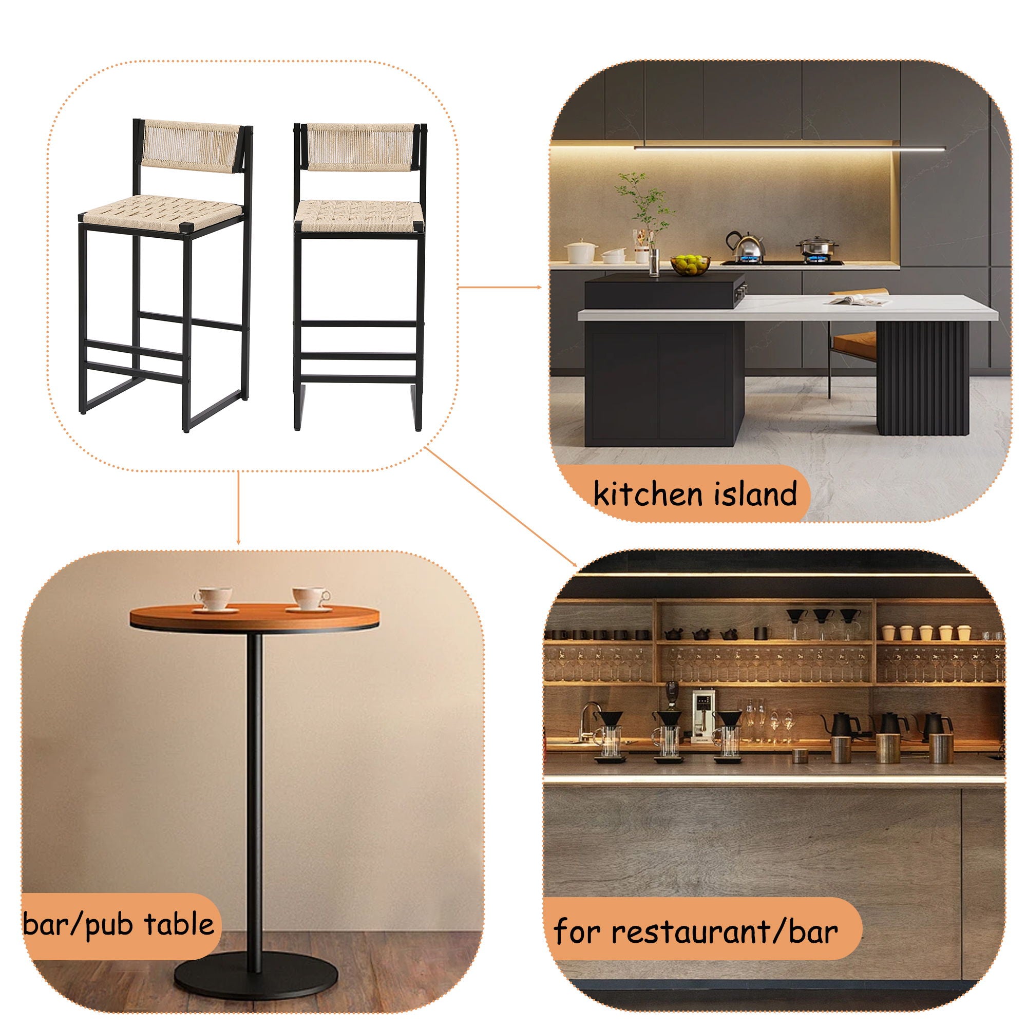 Style B, Woven Bar Stools With Backrest, Paper Rope Weave Dining Chairs For Kitchen Island - Creamy White