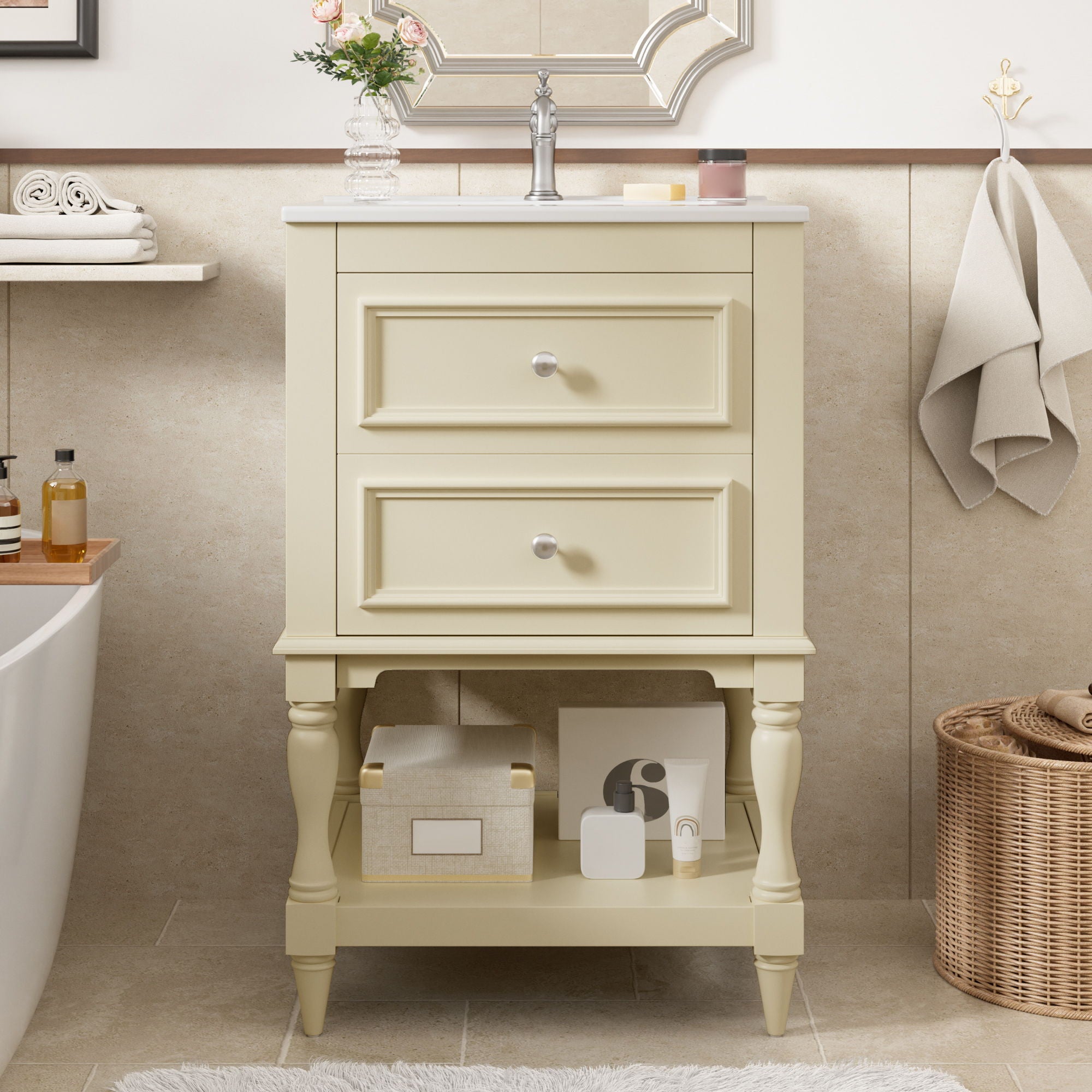Retro Design Bathroom Vanity With Sink, 2 Drawer Storage Cabinet