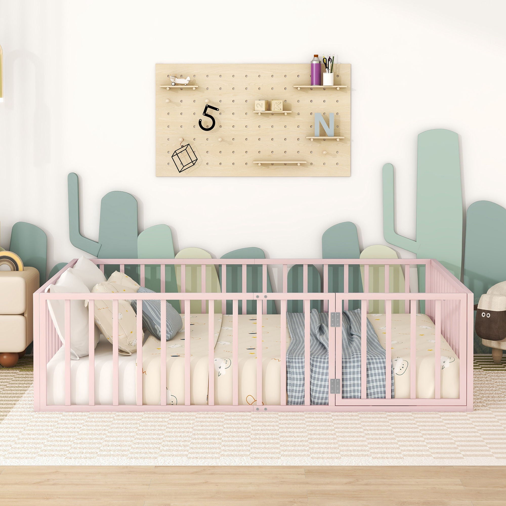 Metal Floor Bed Frame With Fence And Door