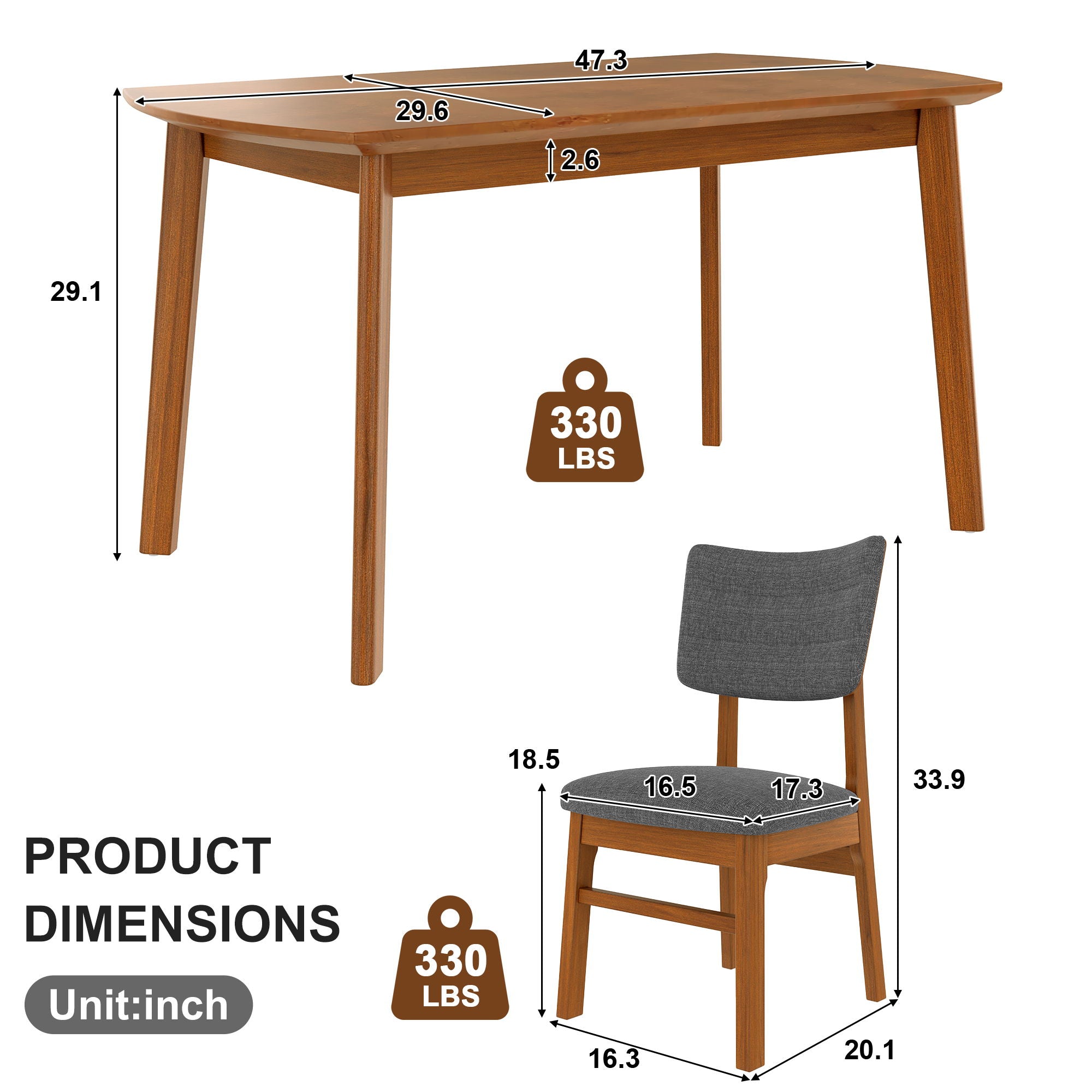 Mid Century Modern Dining Table Set For 4, Solid Wood Dining Table And Solid Wood Chairs, 5 Pieces Farmhouse Dining Table And 4 Upholstered Chairs - Brown / Gray