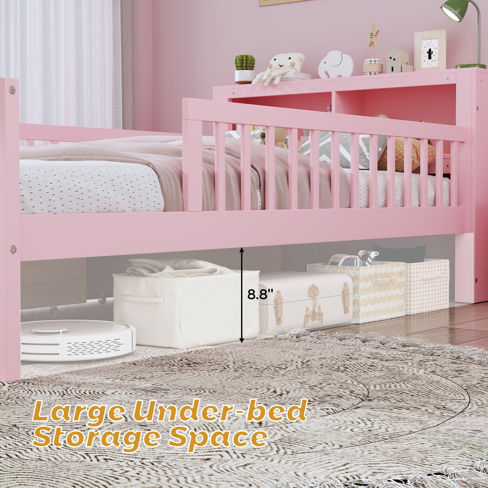 Bed With Headboard Storage Rack, 2 Under Bed Drawers, 3 Side Guardrails For Safety
