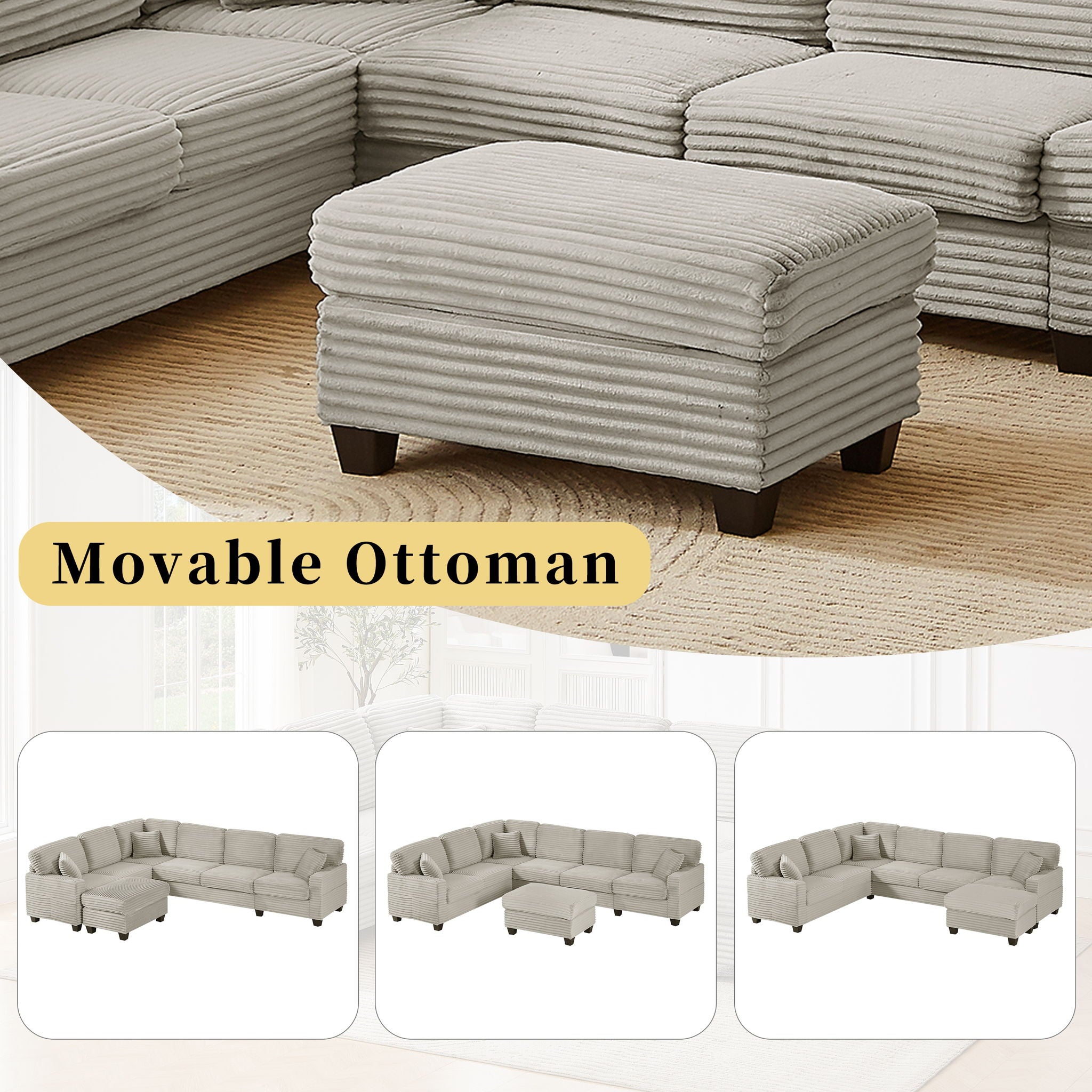 Upholstered U-Shaped Sectional Sofa With Movable Ottoman And Side Storage Pockets