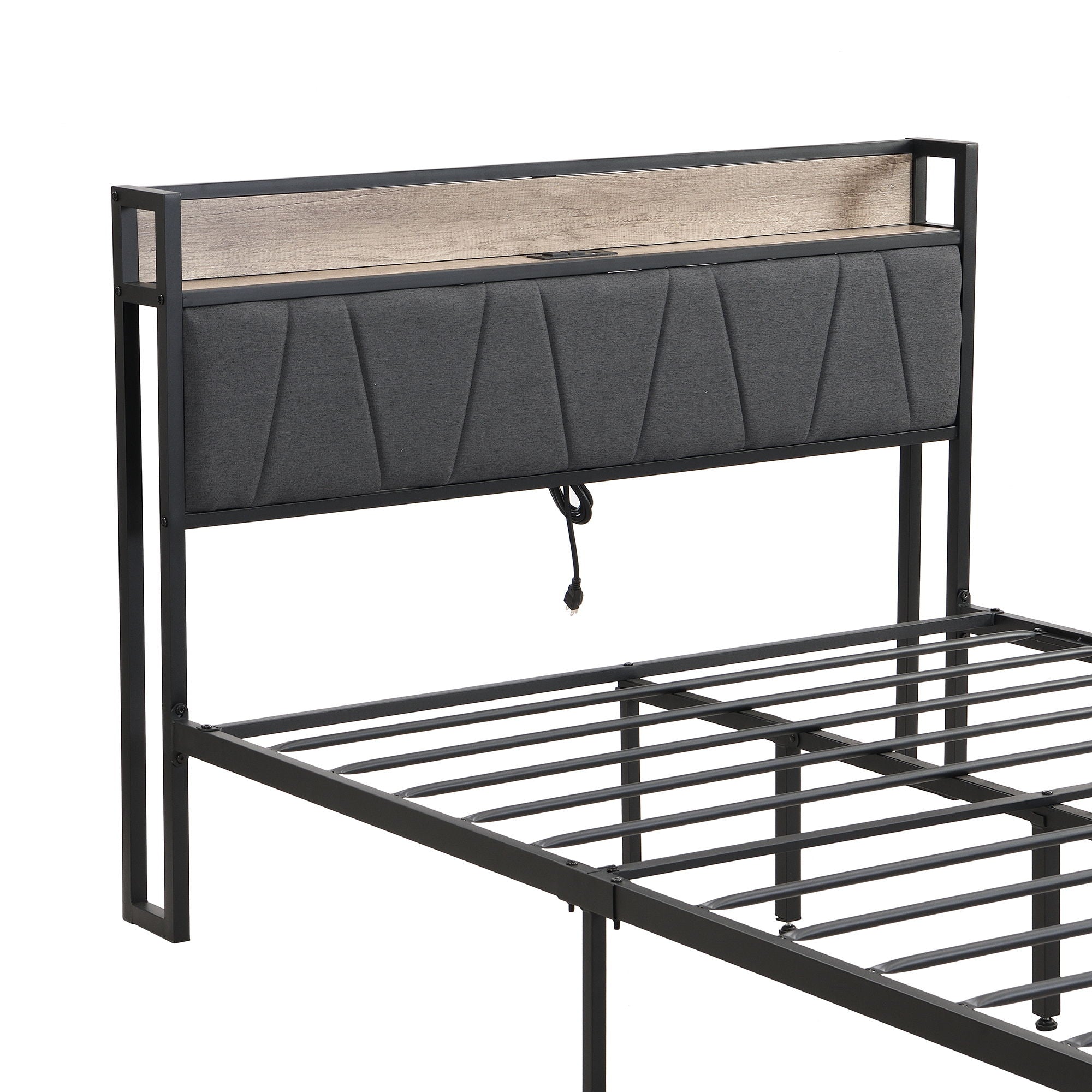 Modern Bed Frame With LED Lights, Upholstered Headboard, USB Charging