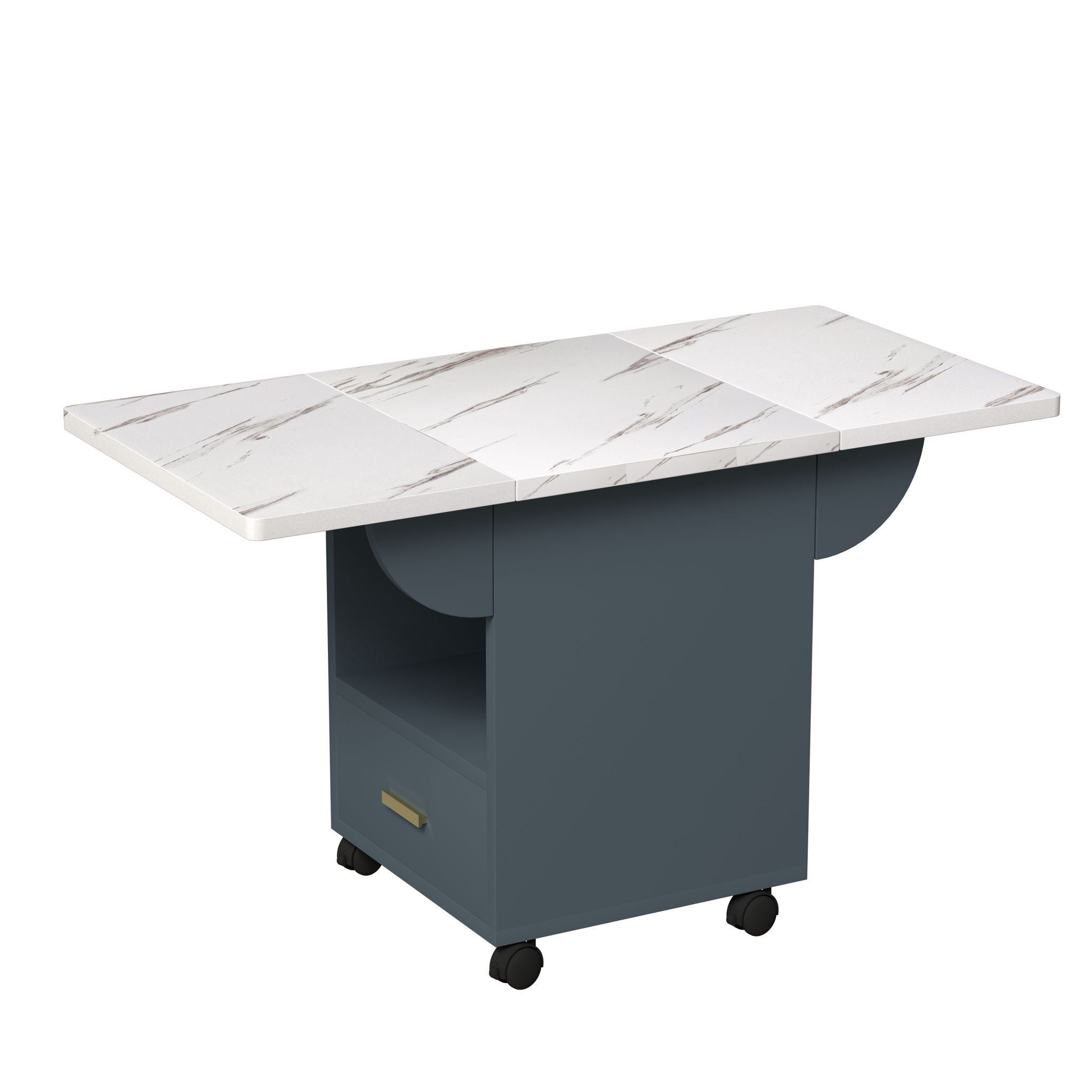 Versatile Wood Folding Dining Table With Wheels, Storage Rack & Drawer, Space Saving Design - White