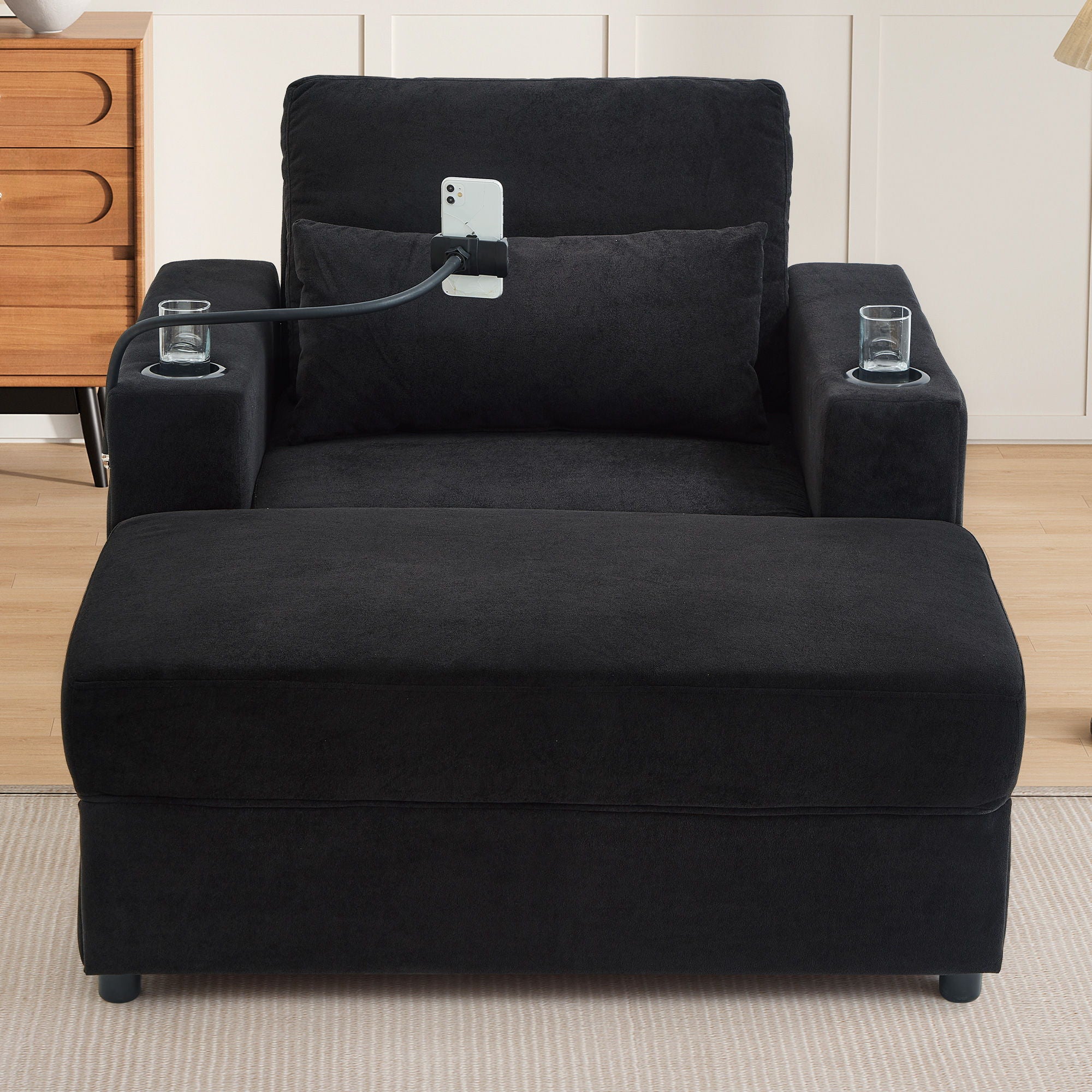 Modern Style Armchair Chaise Lounge Sofa Couch With Movable Storage Ottoman, USB Ports, Cup Holders, Phone Holder, Side Pockets