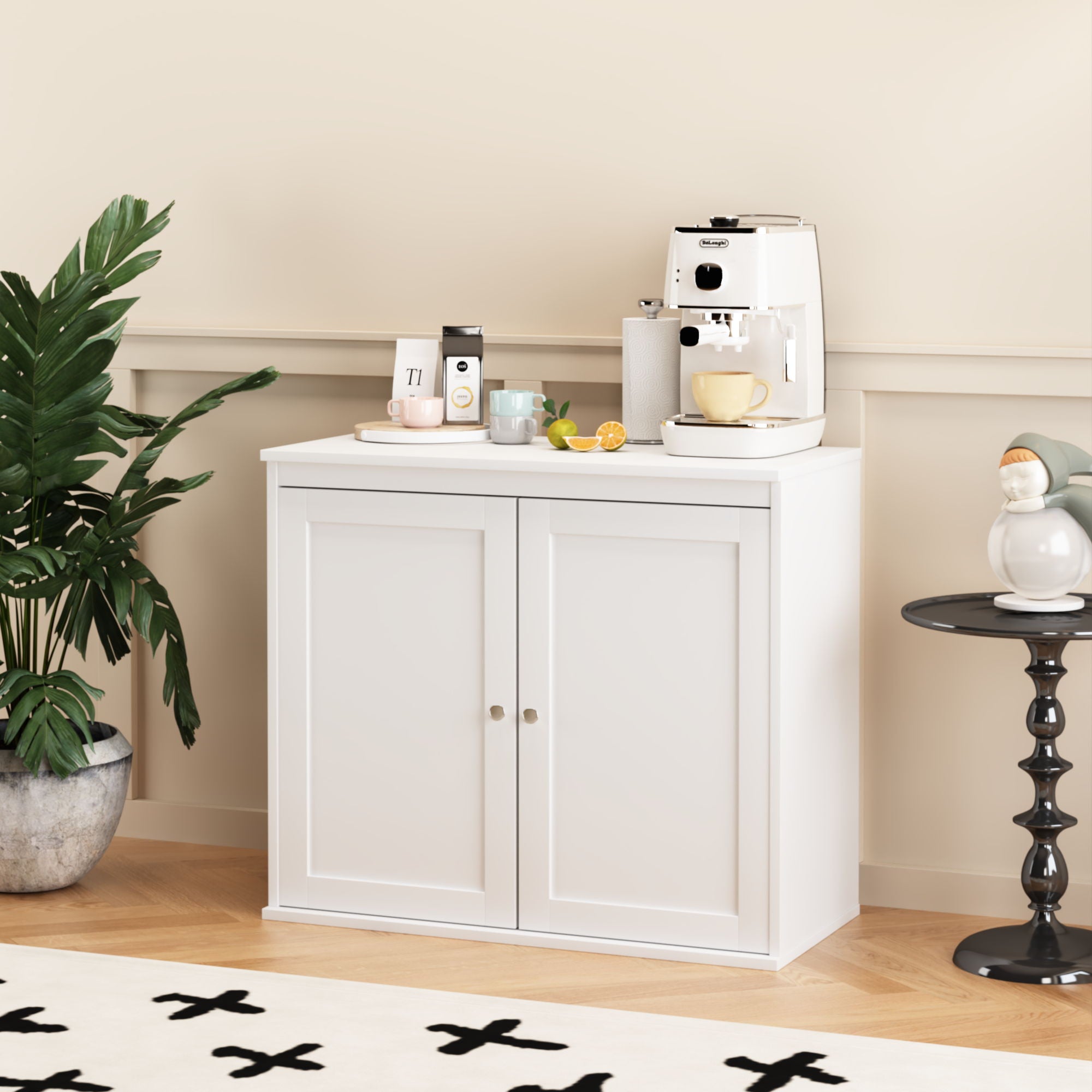 Kitchen Storage Cabinet With Double Doors, Adjustable Shelves, Sideboard Buffet For Dining Room - White