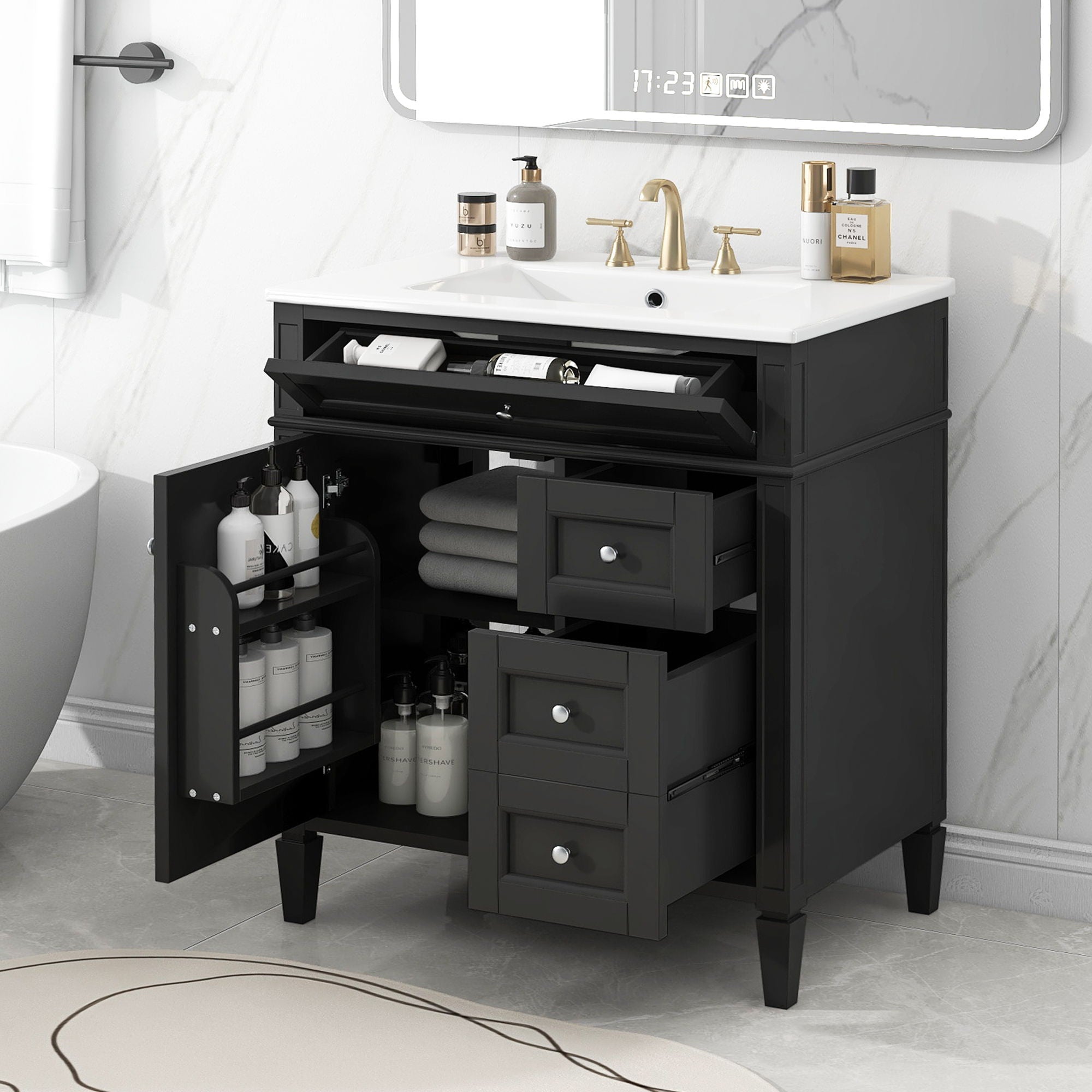 Bathroom Vanity With Top Sink, 2 Drawers & Tip Out Drawer