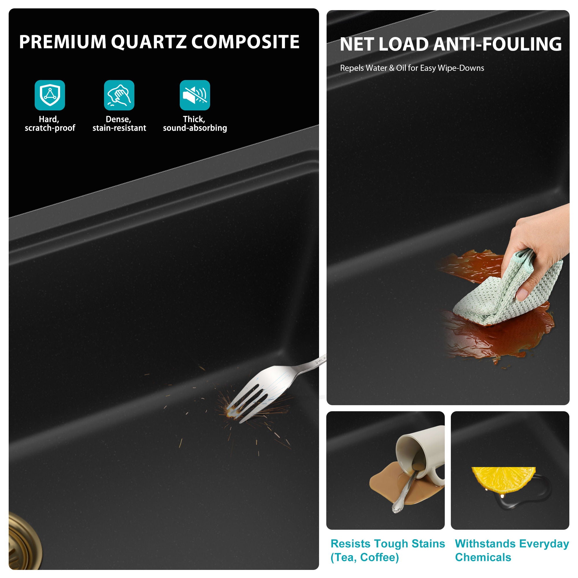 Quartz Composite Kitchen Sink With Undermount Design, Durable Single Bowl Workstation