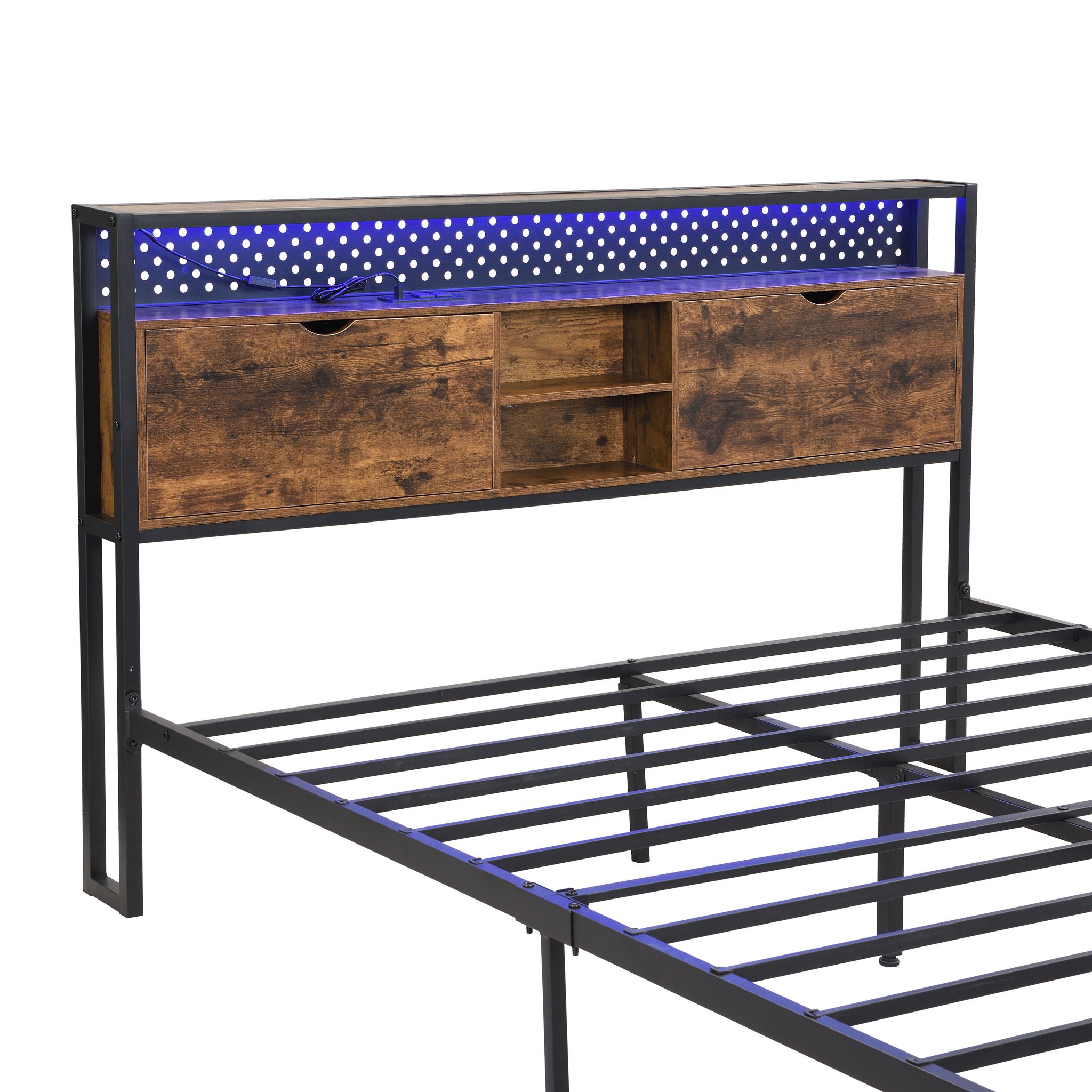 Modern Platform Bed, USB Charging Station, 2 Drawers, LED Lights