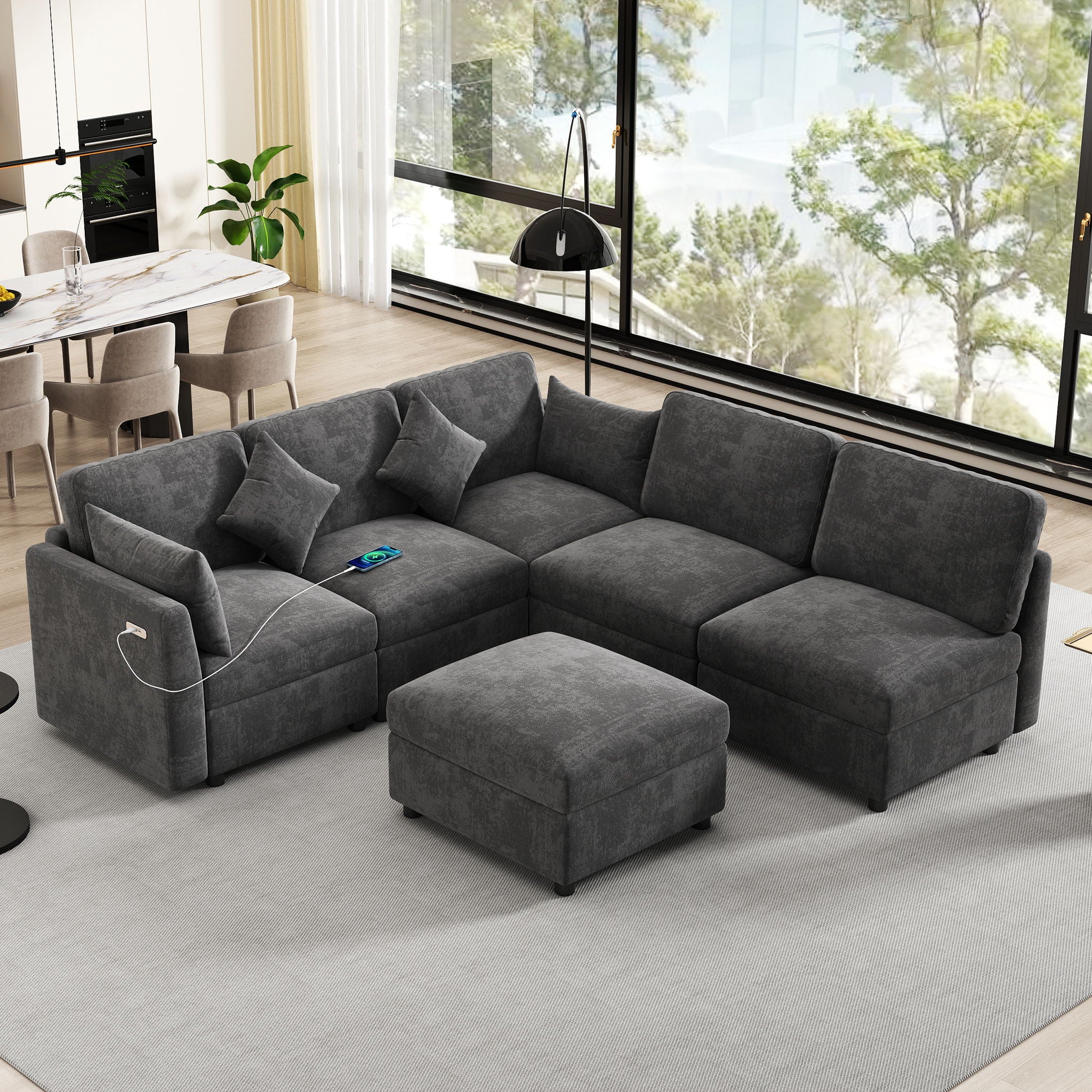 Sectional Sofa Modular U-Shaped With Ottoman & USB Ports