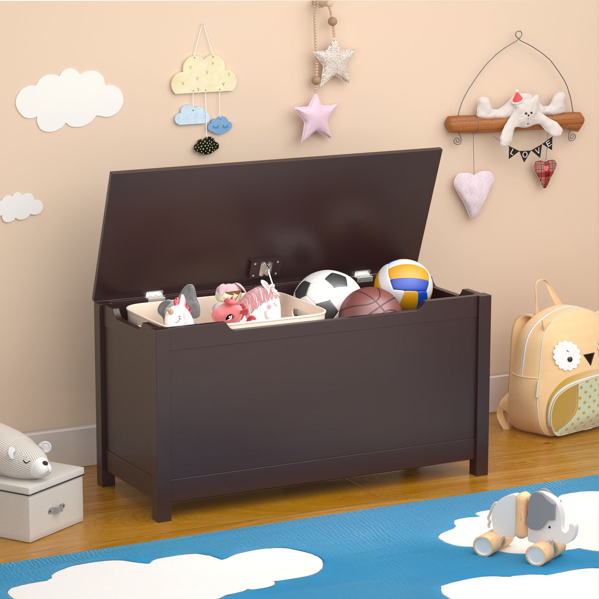 Toy Box Storage With Safety Hinged Lid