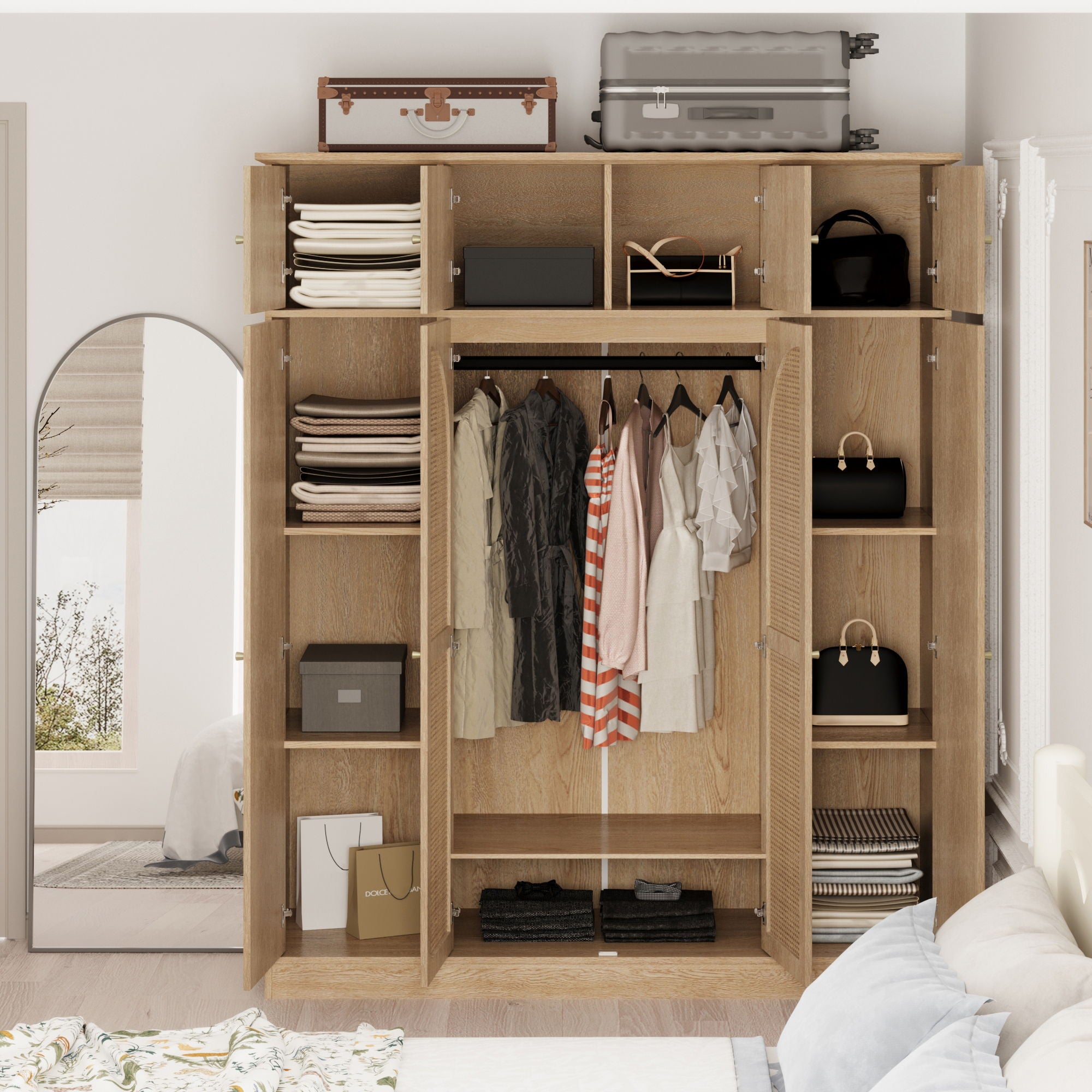 8 Door Armoire Wardrobe With Adjustable Shelves And Hanging Rod