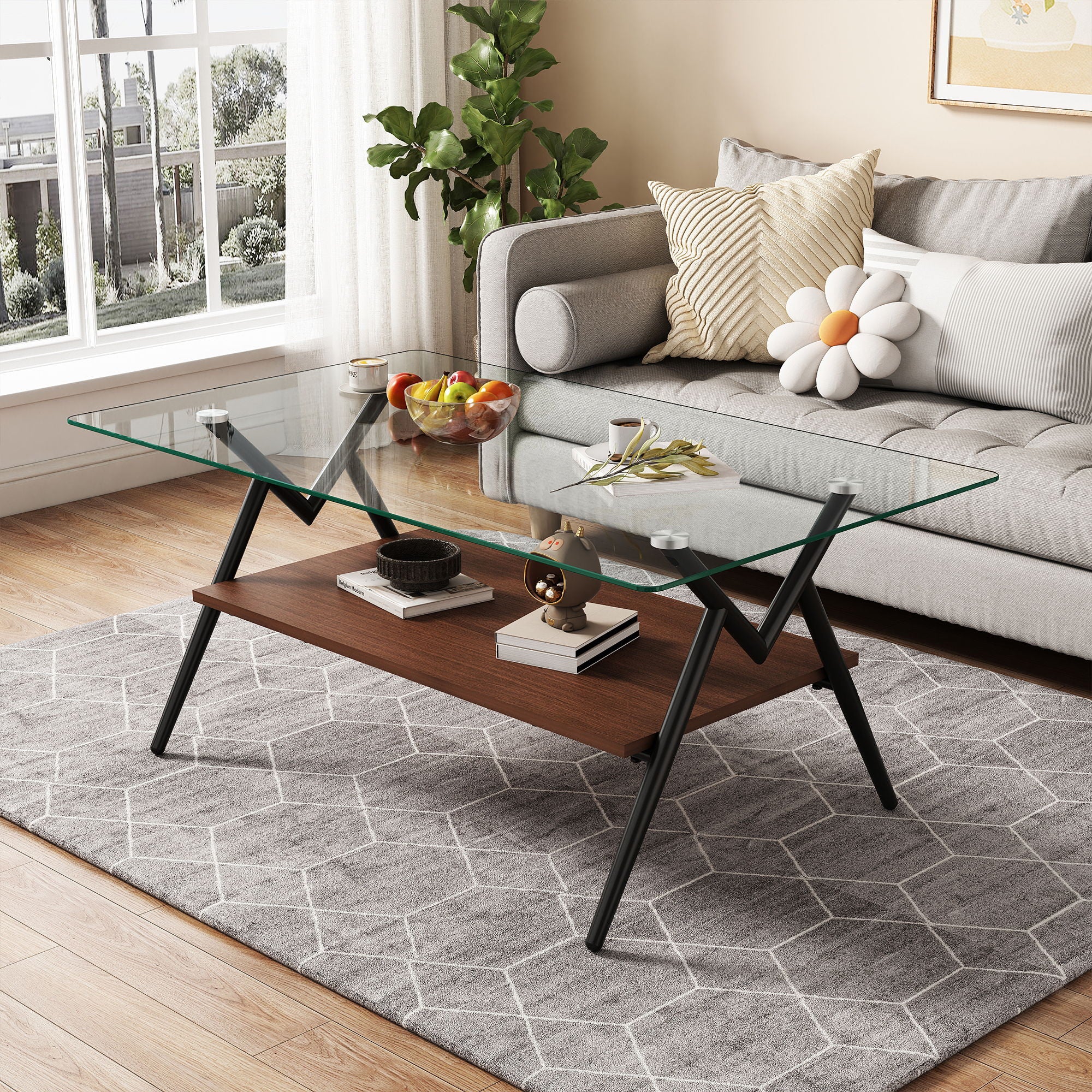 Rectangle Coffee Table With Tempered Glass Top And Shelf