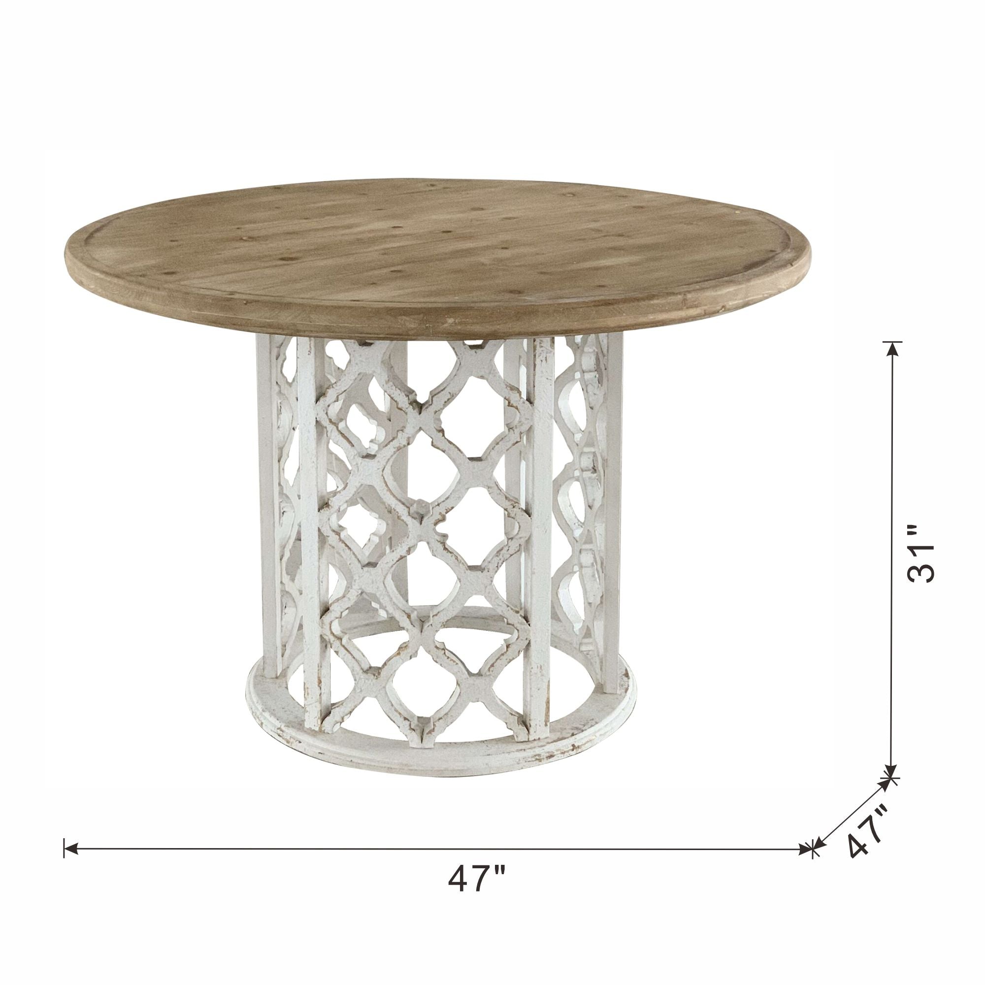 Round Wooden Dining Table With Ornate Cut Out Base - Brown / Antique White