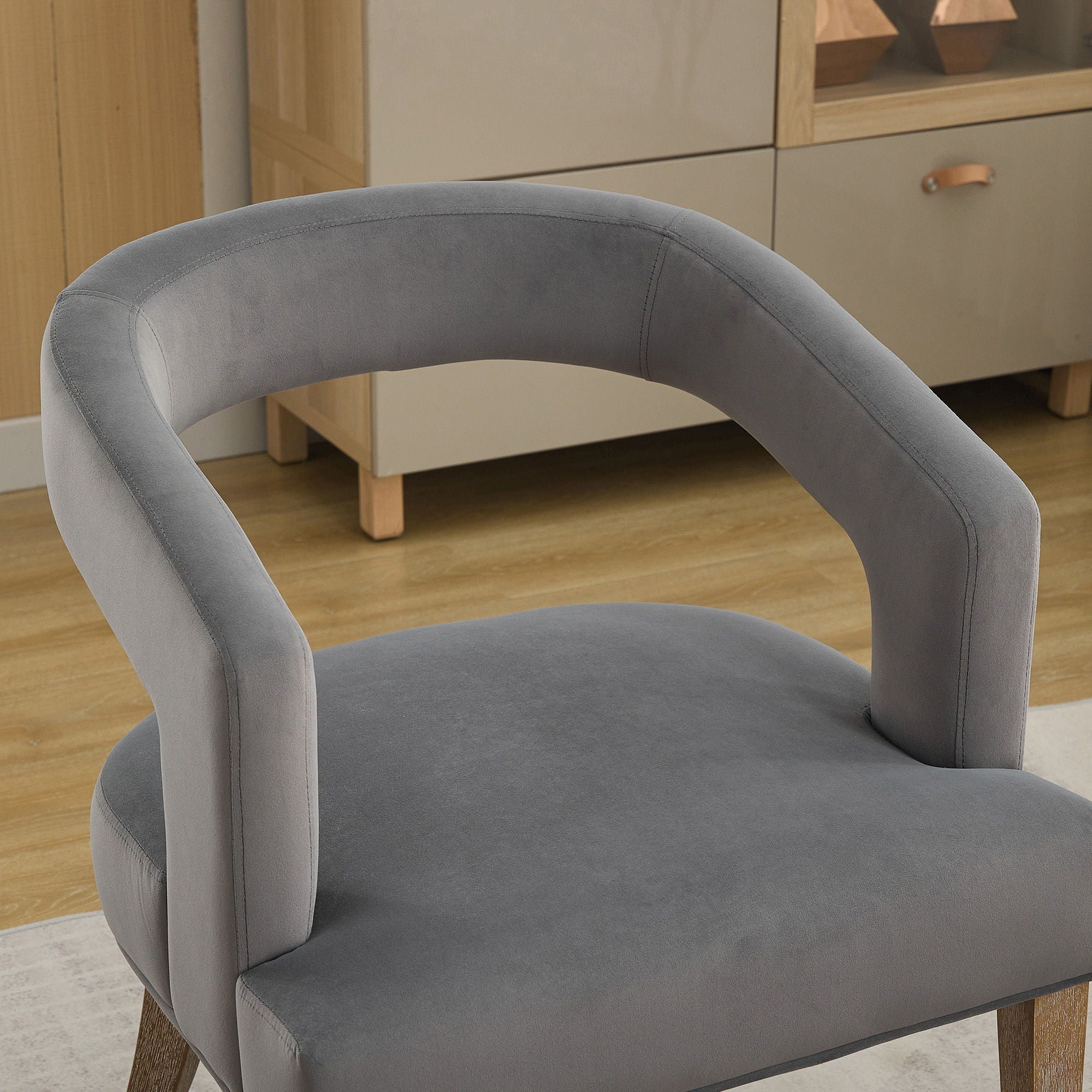 Wide Modern Barrel Open Back Upholstered Accent Chair With Weathered Solid Wood Legs