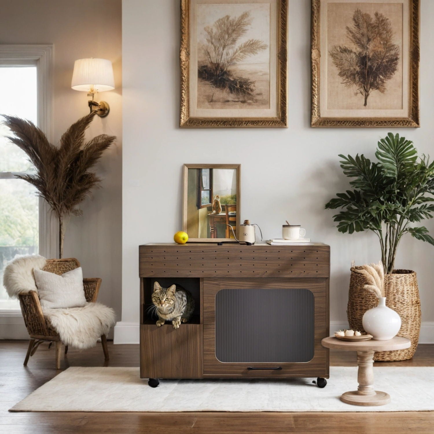 Furniture Style Multi Use Cat Litter Box House With Storage - Walnut