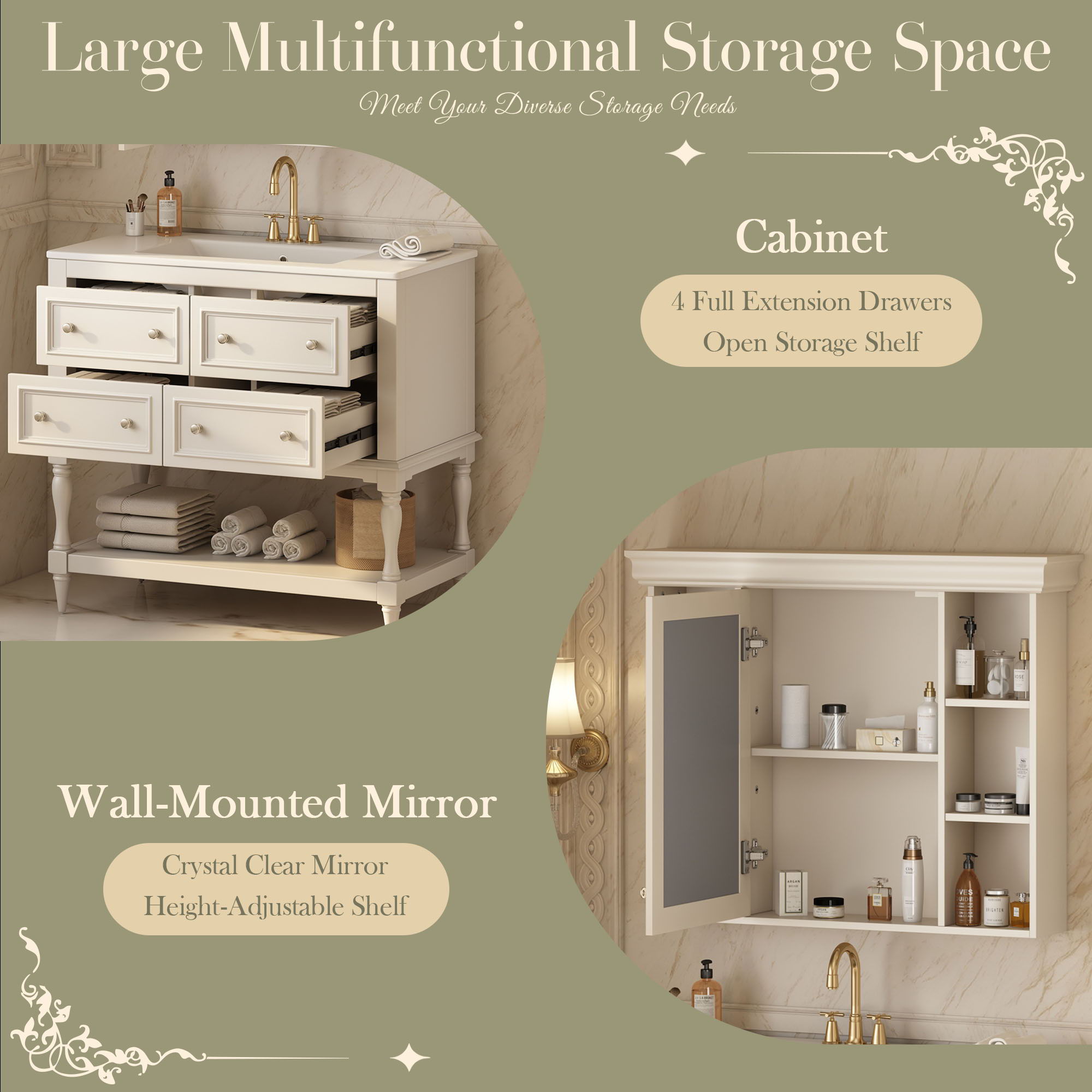 Bathroom Vanity With Medicine Cabinet, Storage Cabinet With 4 Drawers, Adjustable Shelf Mirror