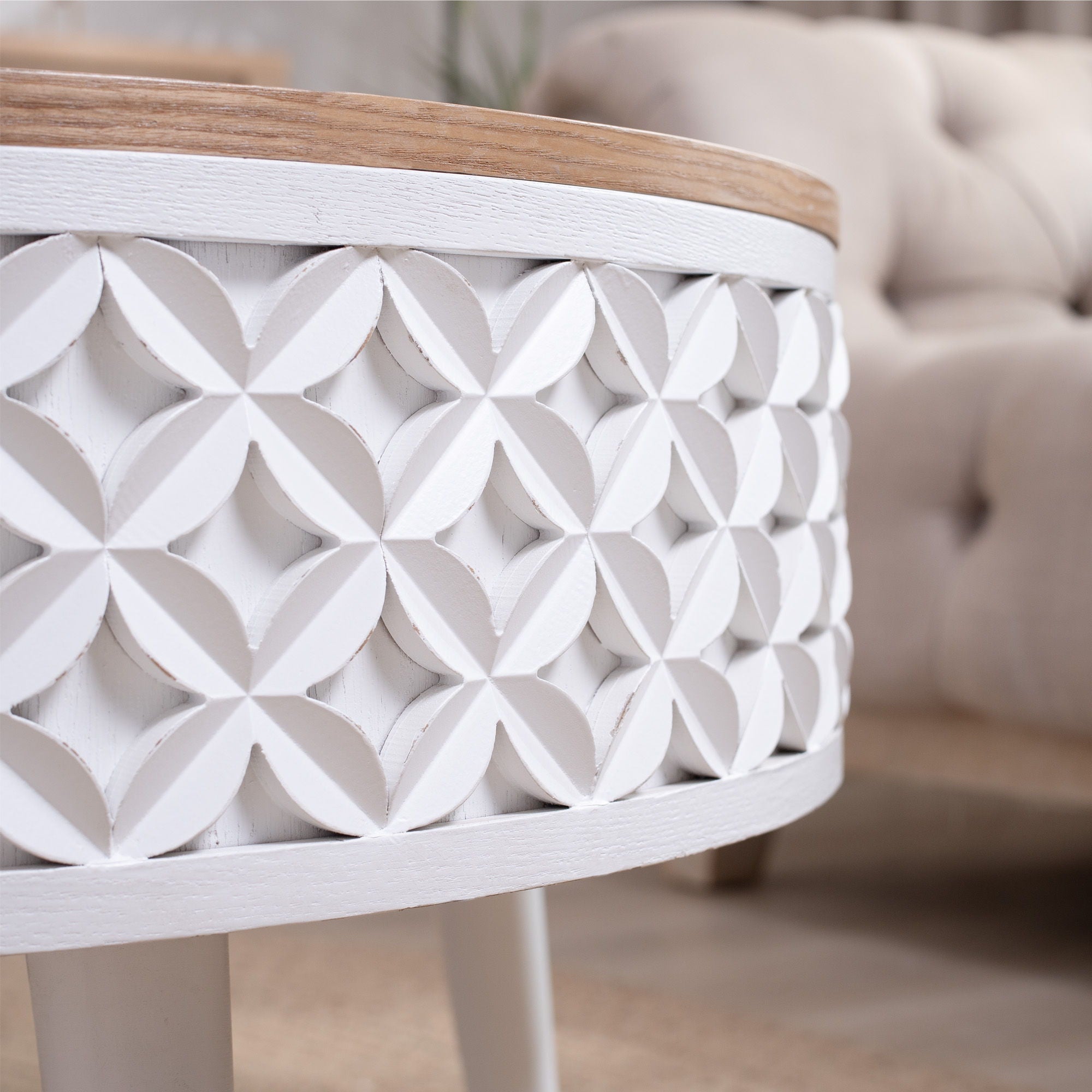 Round Coffee Table With Storage - White / Light Oak