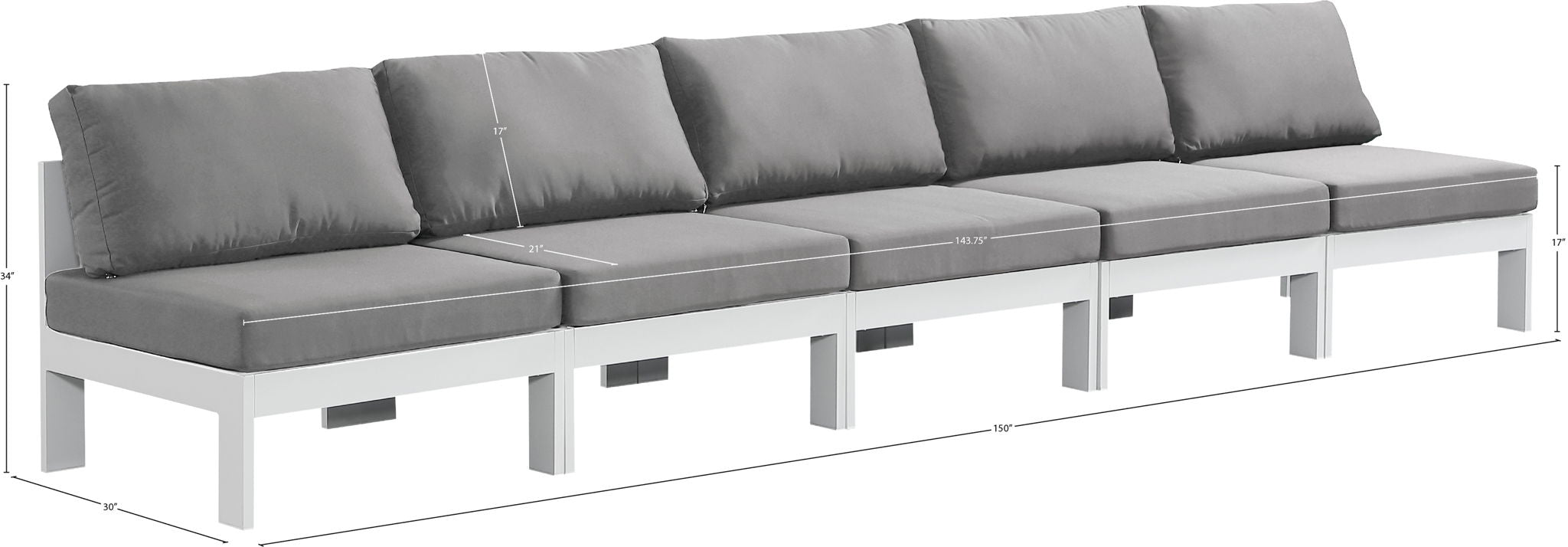 Nizuc - Outdoor Patio 5 Seat Modular Armless Sofa With White Frame