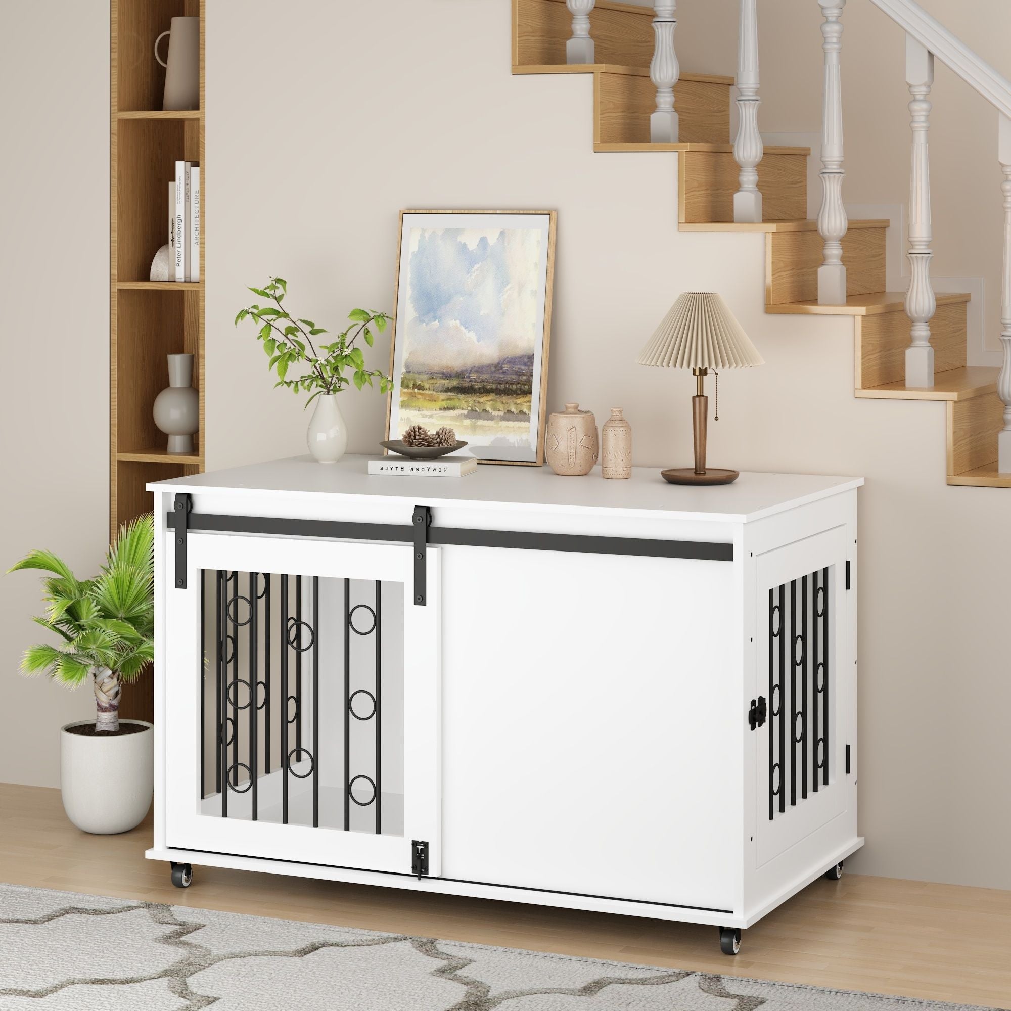 Dog Crate With Sliding Barn Door And Side Access, Lockable Wheels For Small To Medium Dogs - White