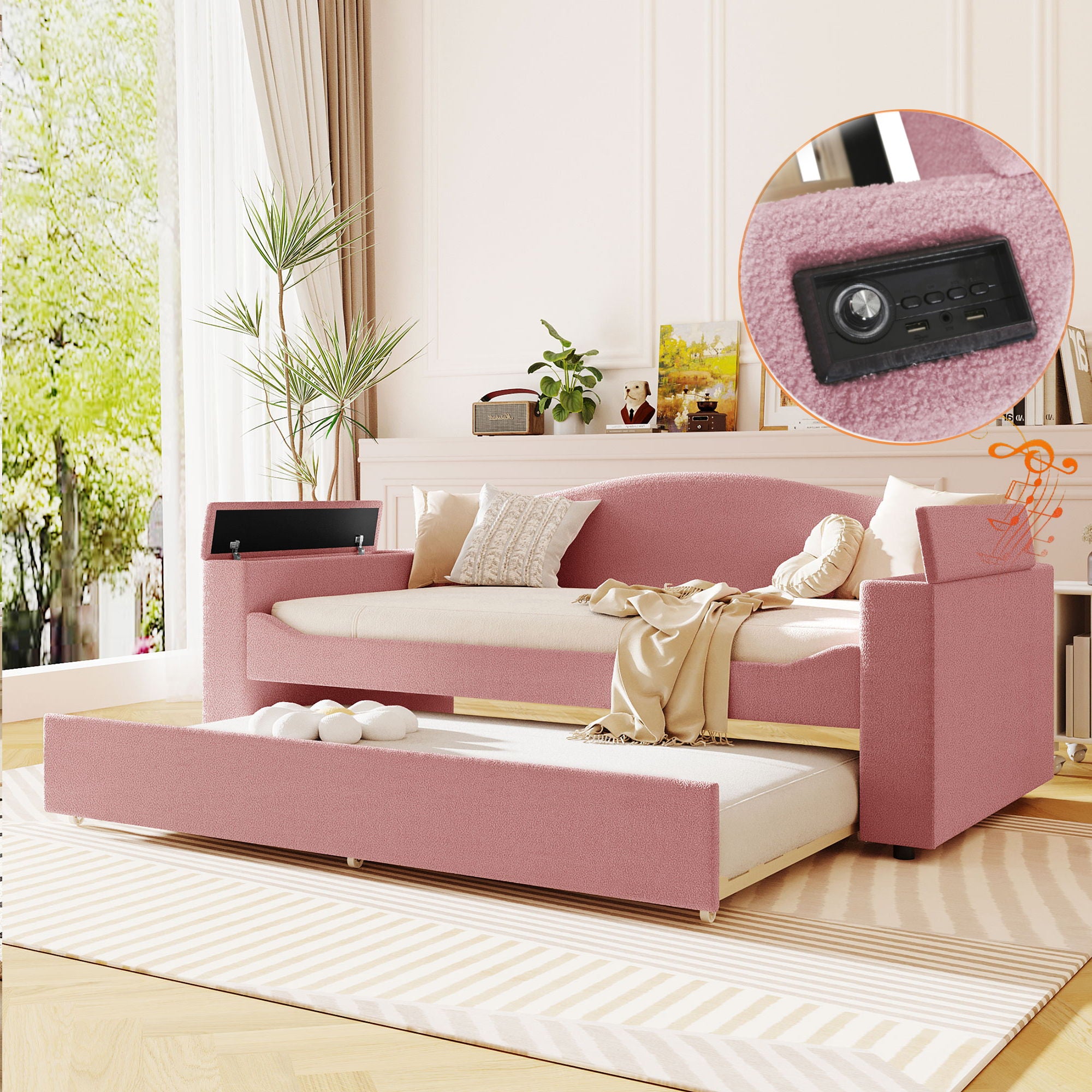 Upholstered Daybed With Storage Armrests, Trundle And Latest Integrated tooth Audio System
