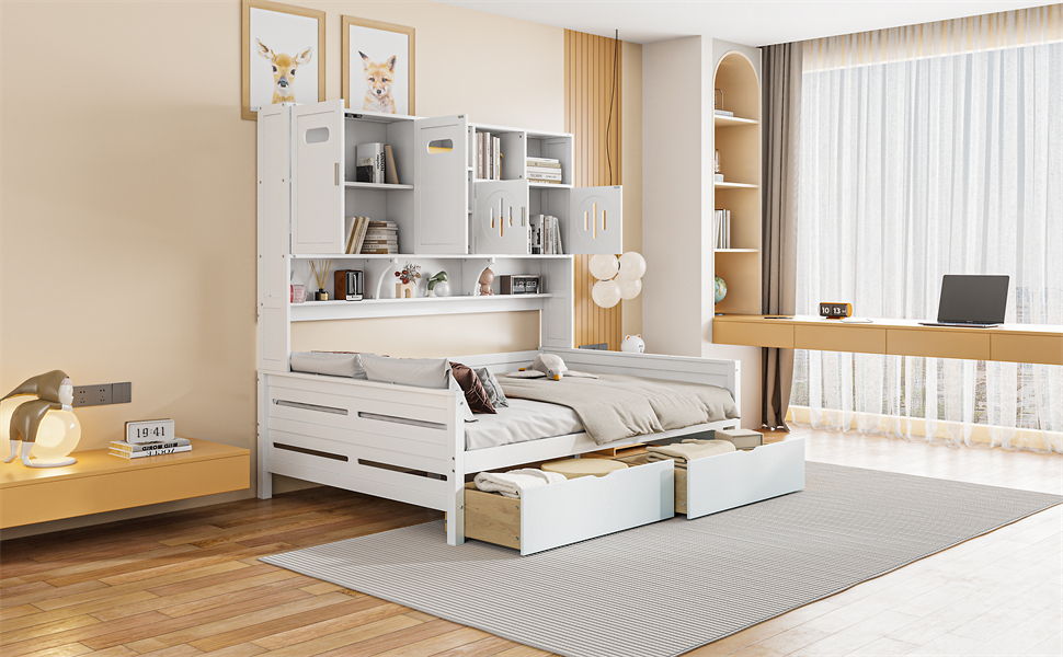 Daybed With All-In-One Cabinet And Shelf