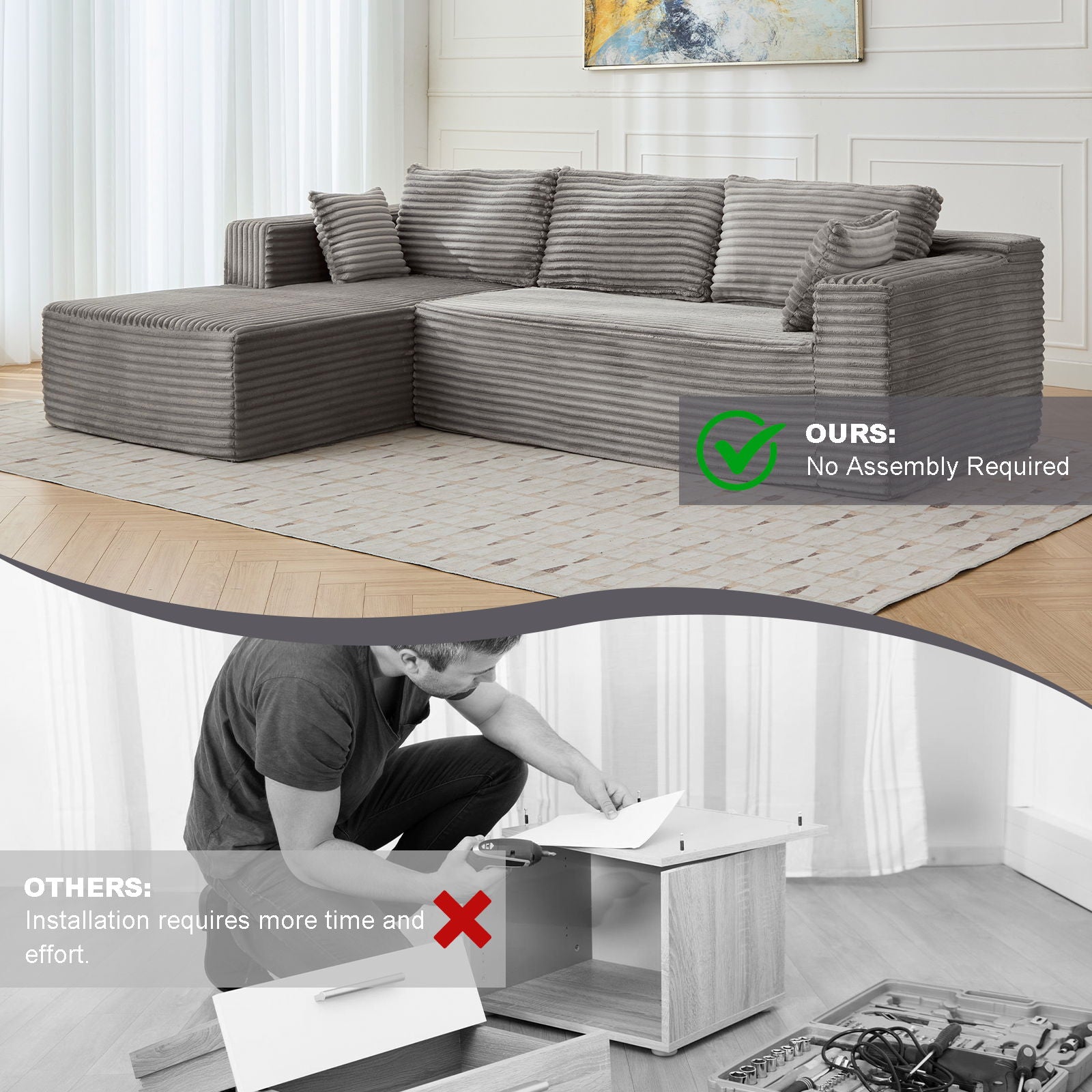Compression Sectional Couch With Comfy Chaise, Boneless L Shape Sofa With Deep Seat