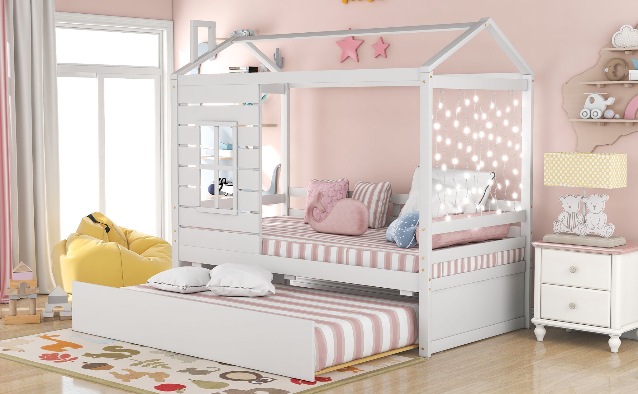 Twin Size Classic House Bed With Twin Size Trundle - White