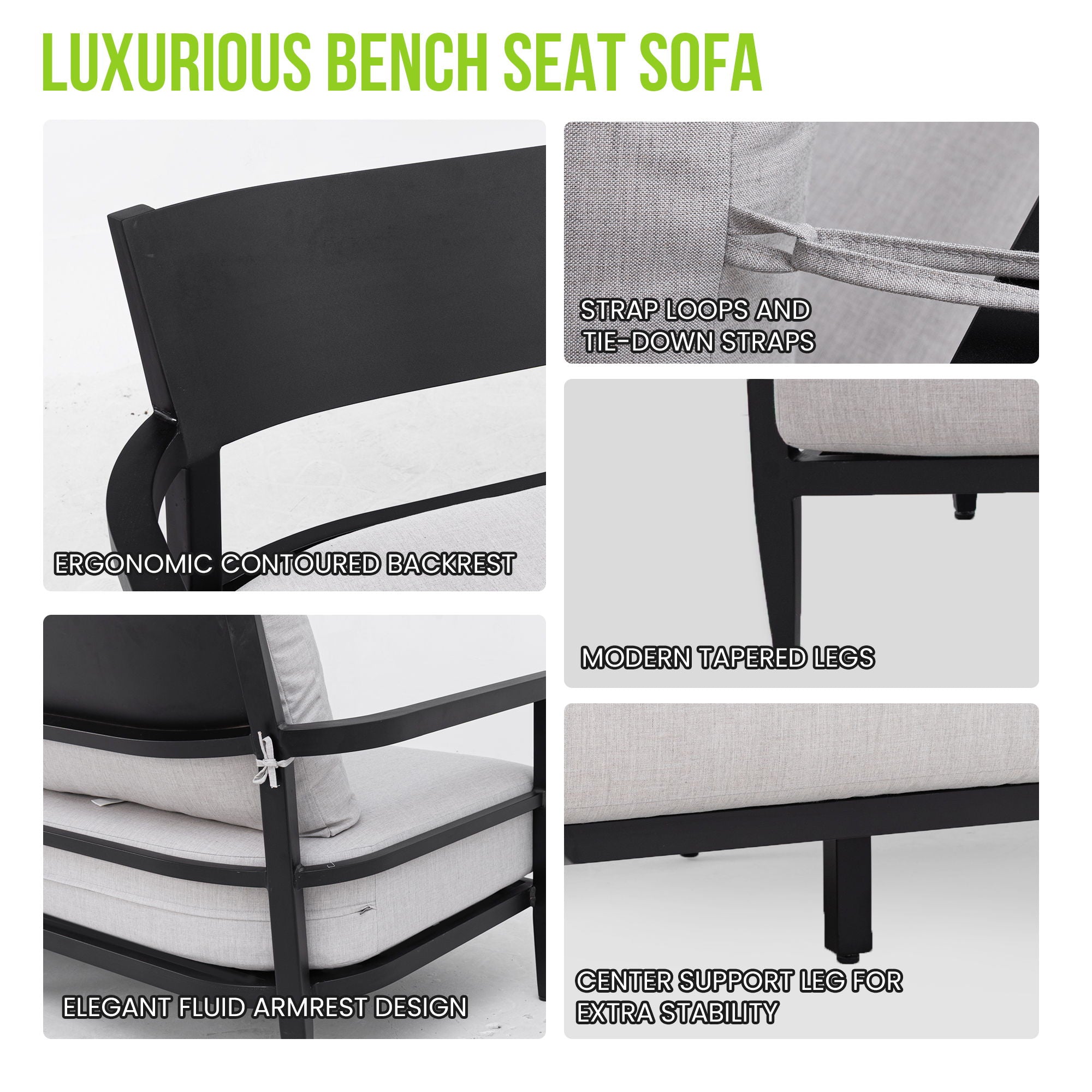 Outdoor Bench Seat Sofa, Sunbrella Cushion, Weather Resistant For Patio - Ember Black