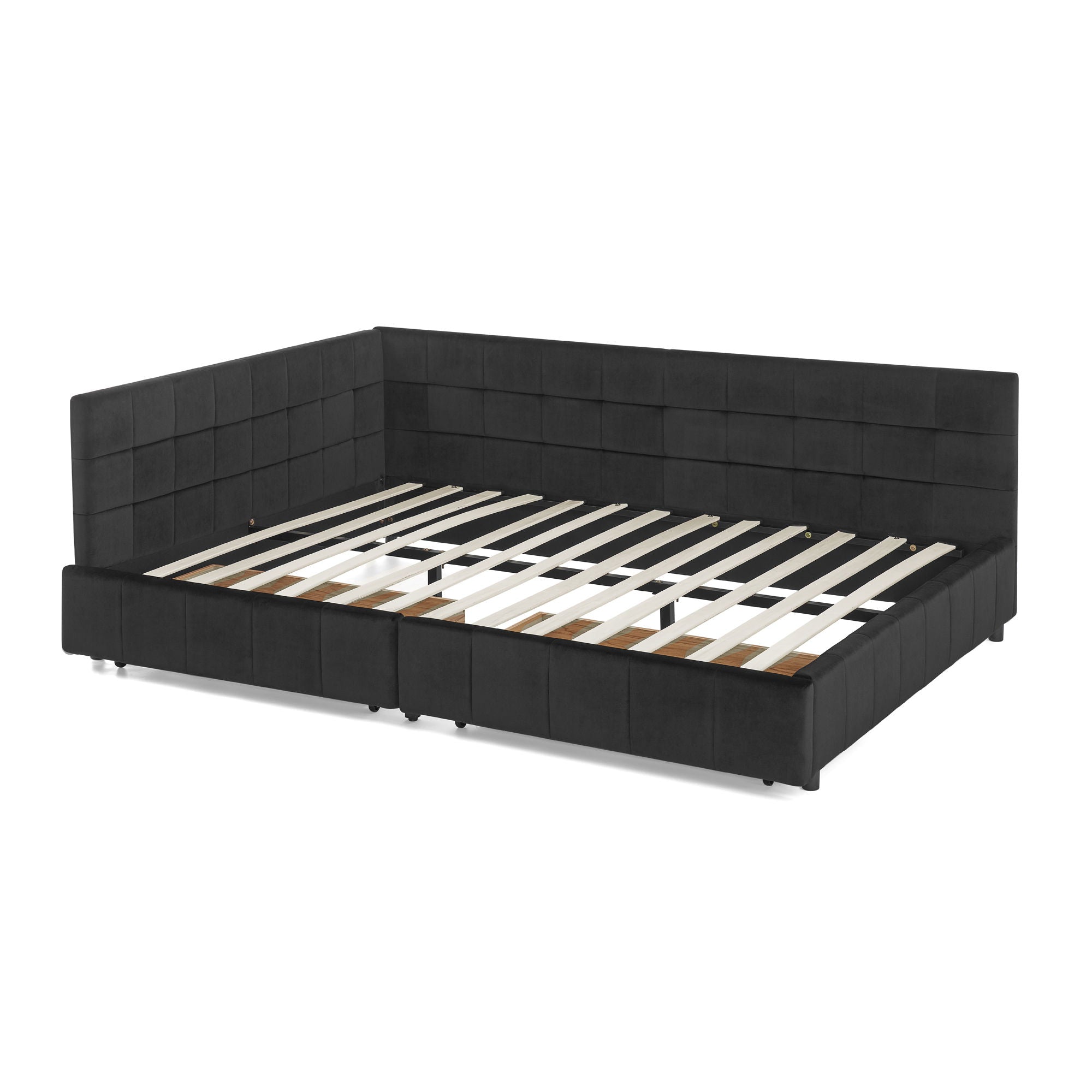 Mid-Century Storage Upholstered Tufted Bed Frame With Backrest And Armrests