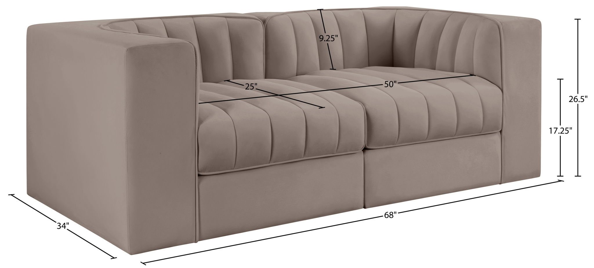 Rummi - Velvet Performance Fabric Upholstered 2 Piece Modular Loveseat
