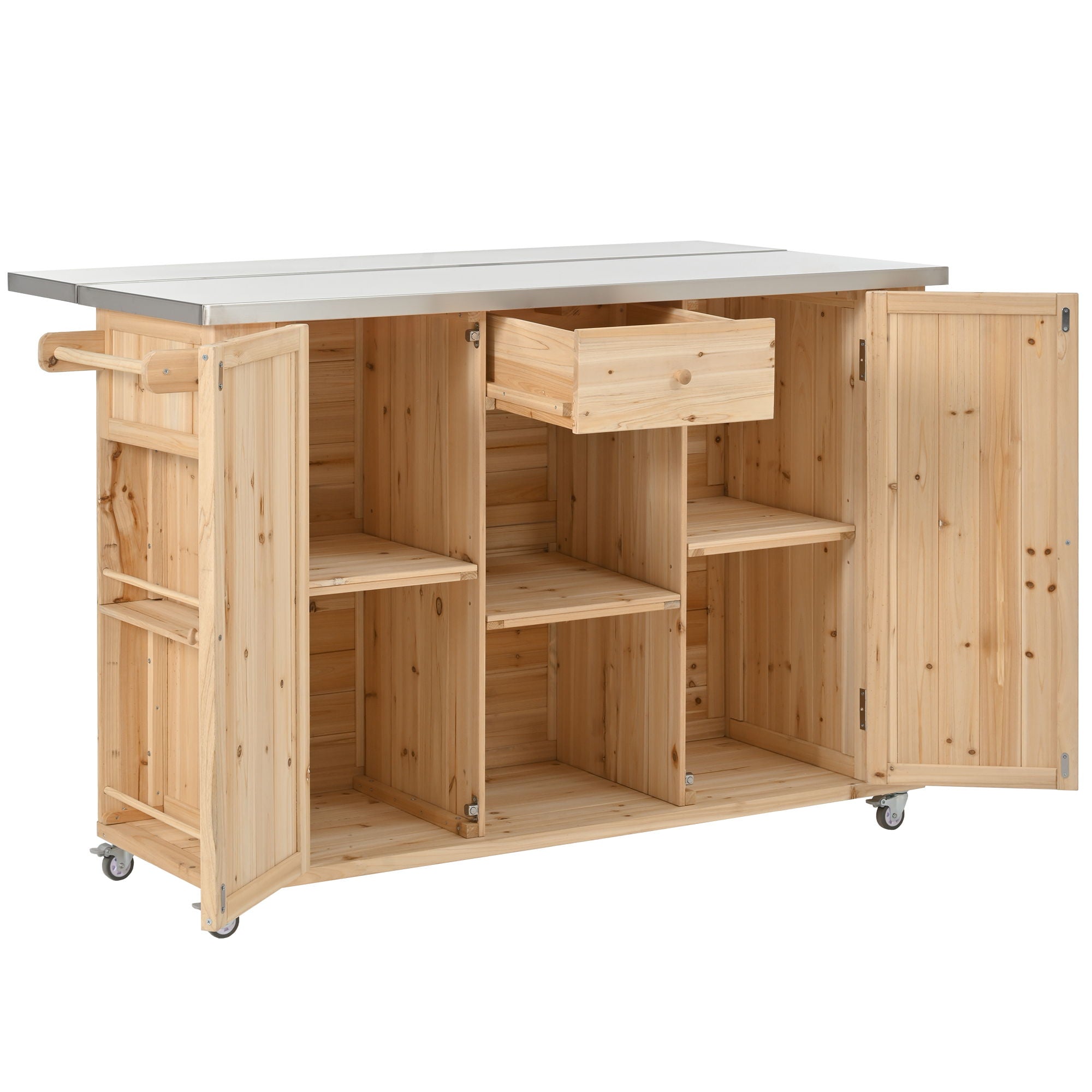Outdoor Kitchen Island With Stainless Steel Top, Ample Storage Space, Towel And Spice Racks And A Bottle Opener