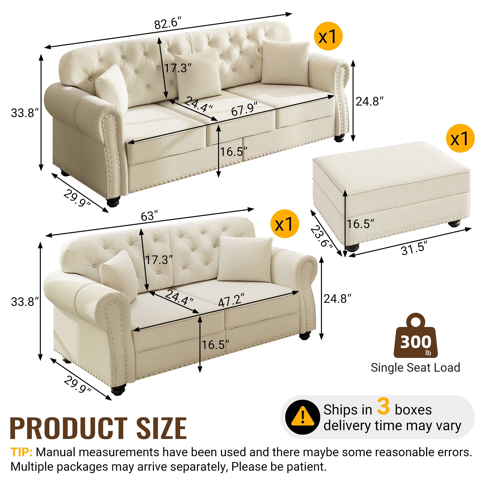 Upholstered Sofa Set With Nailhead Trim And Rolled Armrests, Includes Pillows