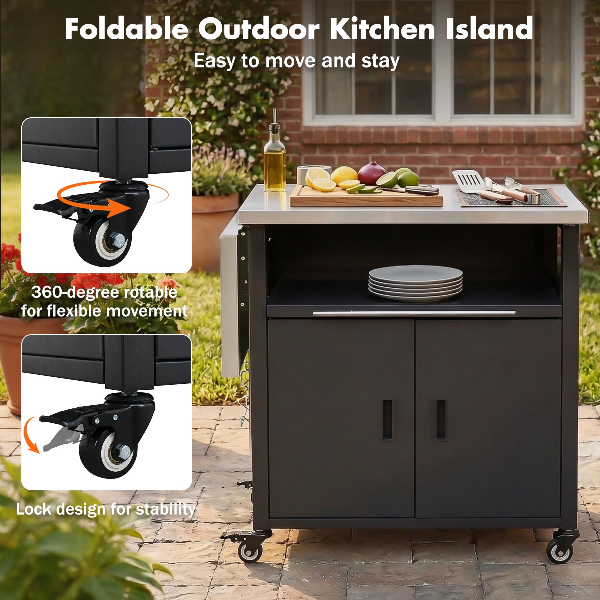 Foldable Outdoor Prep Station BBQ Cart With Trash Rack