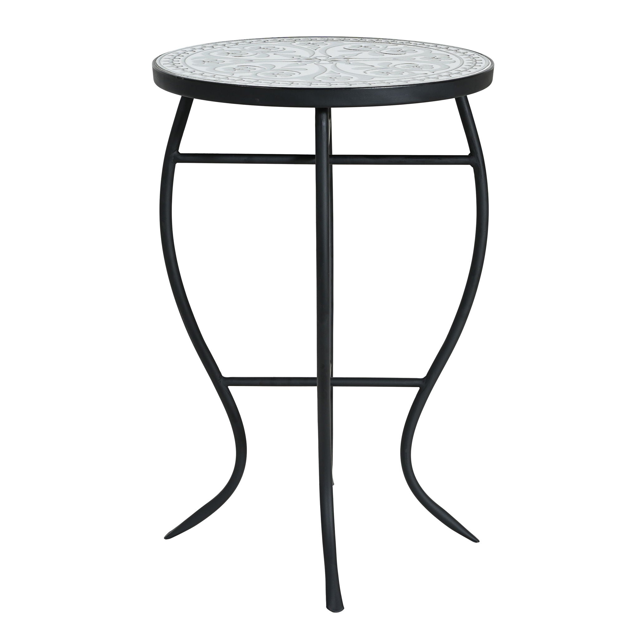 Outdoor Round Side Table With Mosaic Style Top And Curved Iron Legs