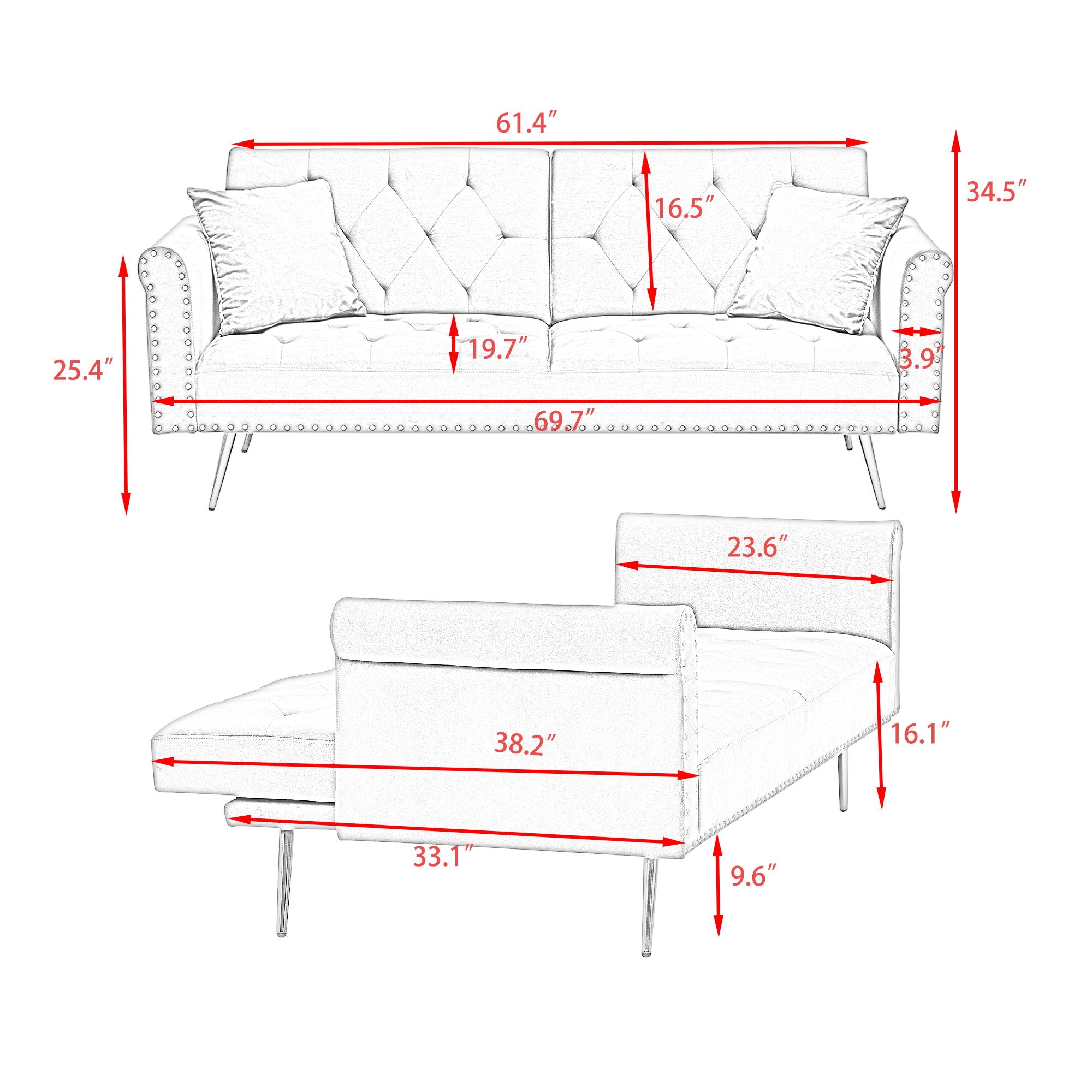 Luxurious Sofa Bed With Nail Head Trim And Matching Pillow