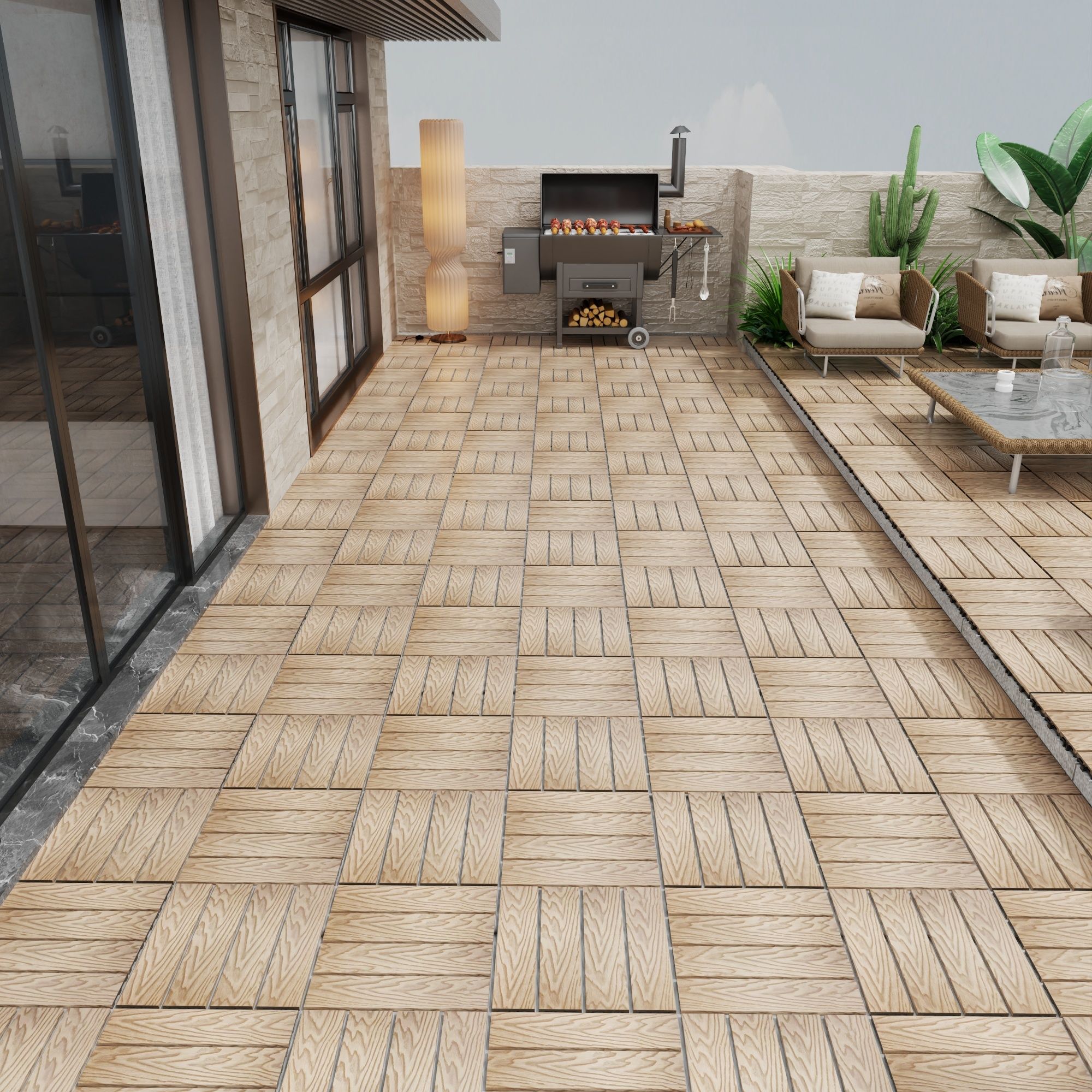 Patio Deck Tiles, Interlocking Diy Flooring For Indoor / Outdoor Use (Set of 22) - Teak