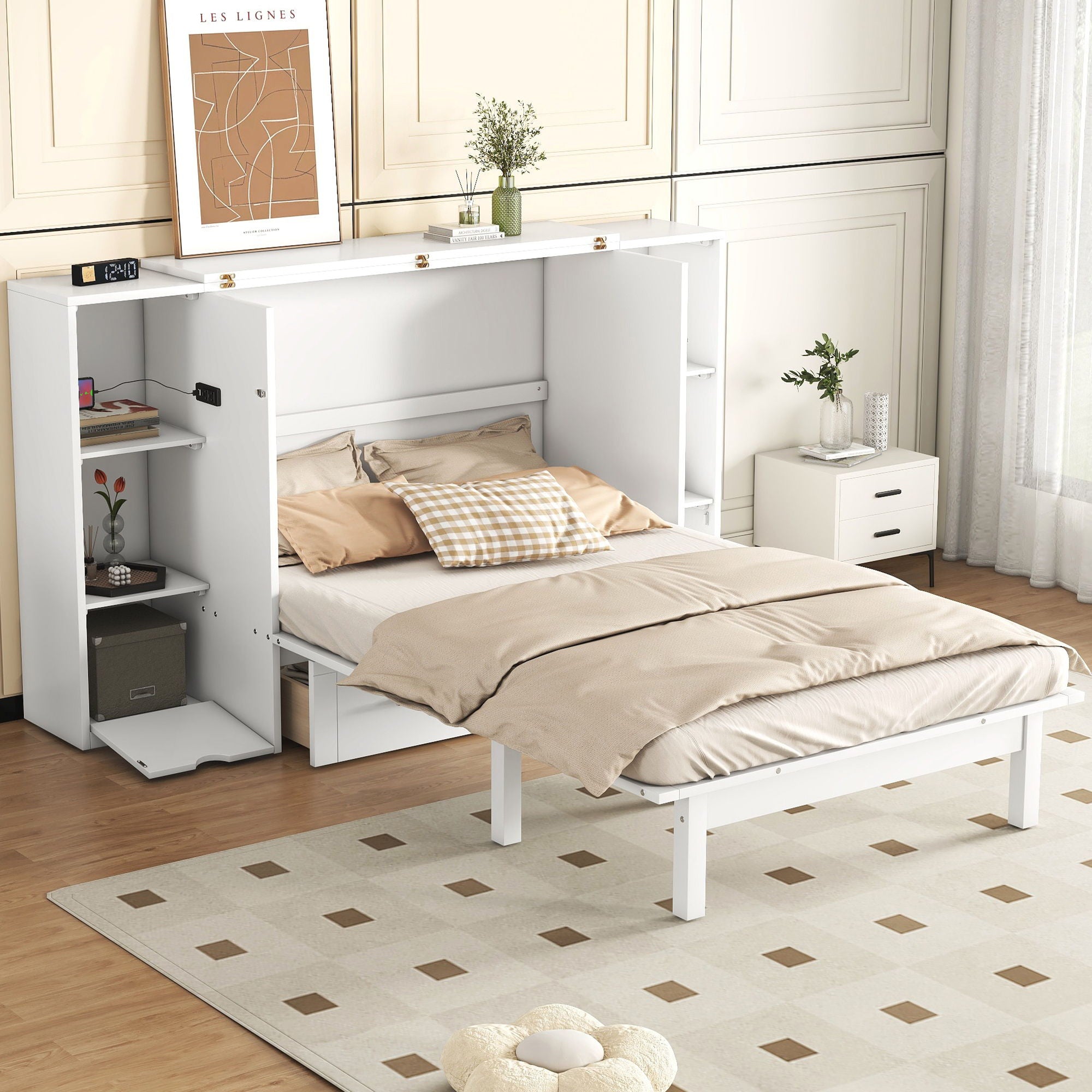 Murphy Bed With Shelves, Drawers And USB Ports